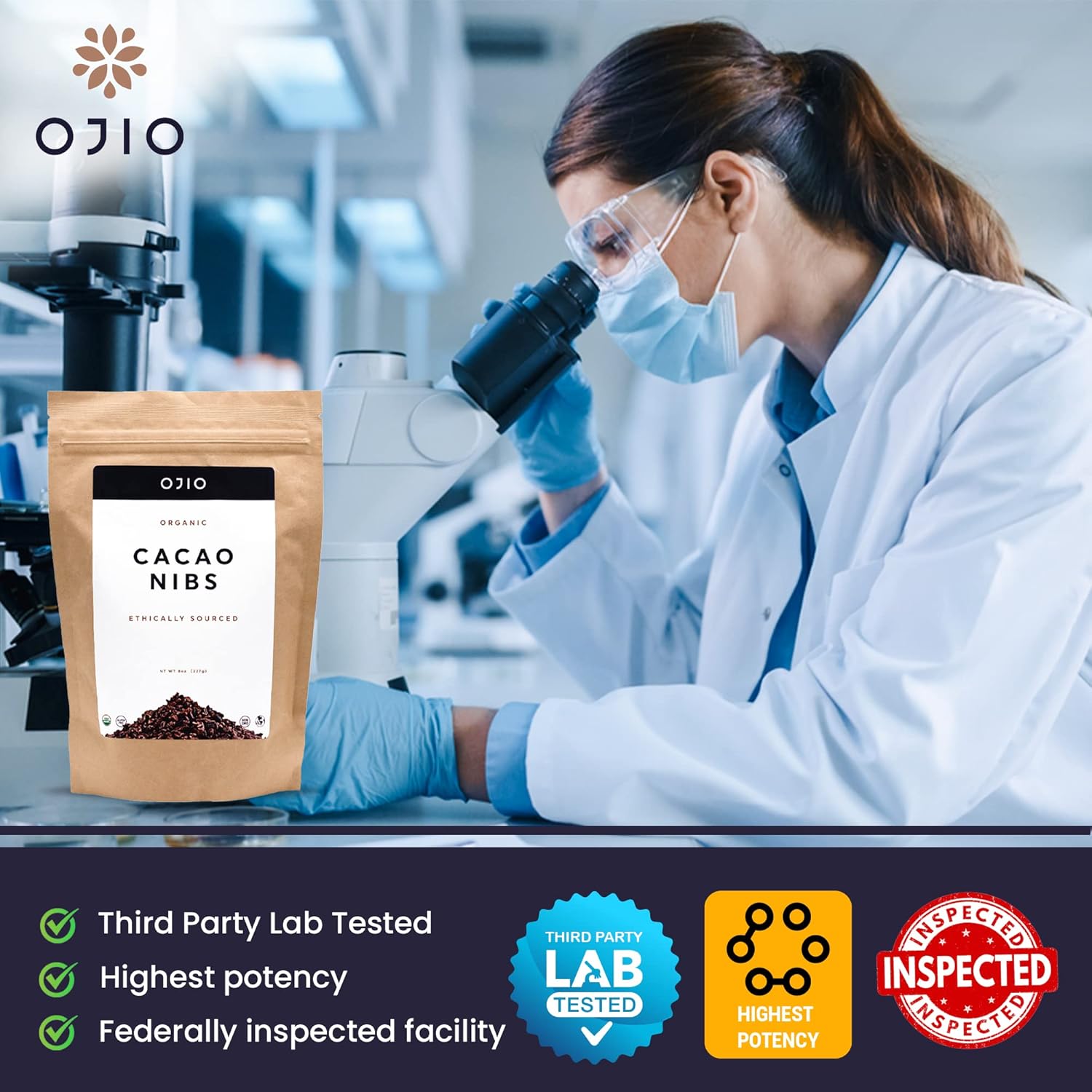 OJIO Plumas de cacao crudo orgánico  Paleo  Orgánico  Sin OMG  Kosher  Superalimento antioxidante antienvejecimiento  Sin gluten  8 onzas  Paquete