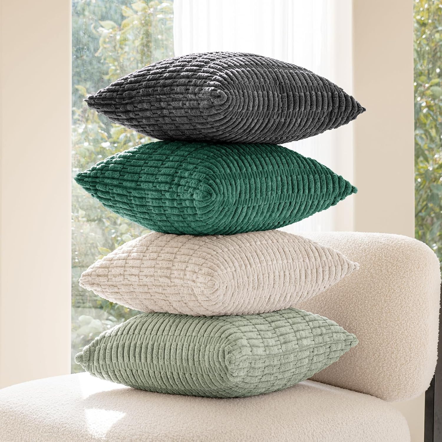 Softalker Juego de 4 fundas de almohada de pana de 16 x 16 pulgadas, fundas decorativas modernas de estilo bohemio a rayas suaves para sofá,