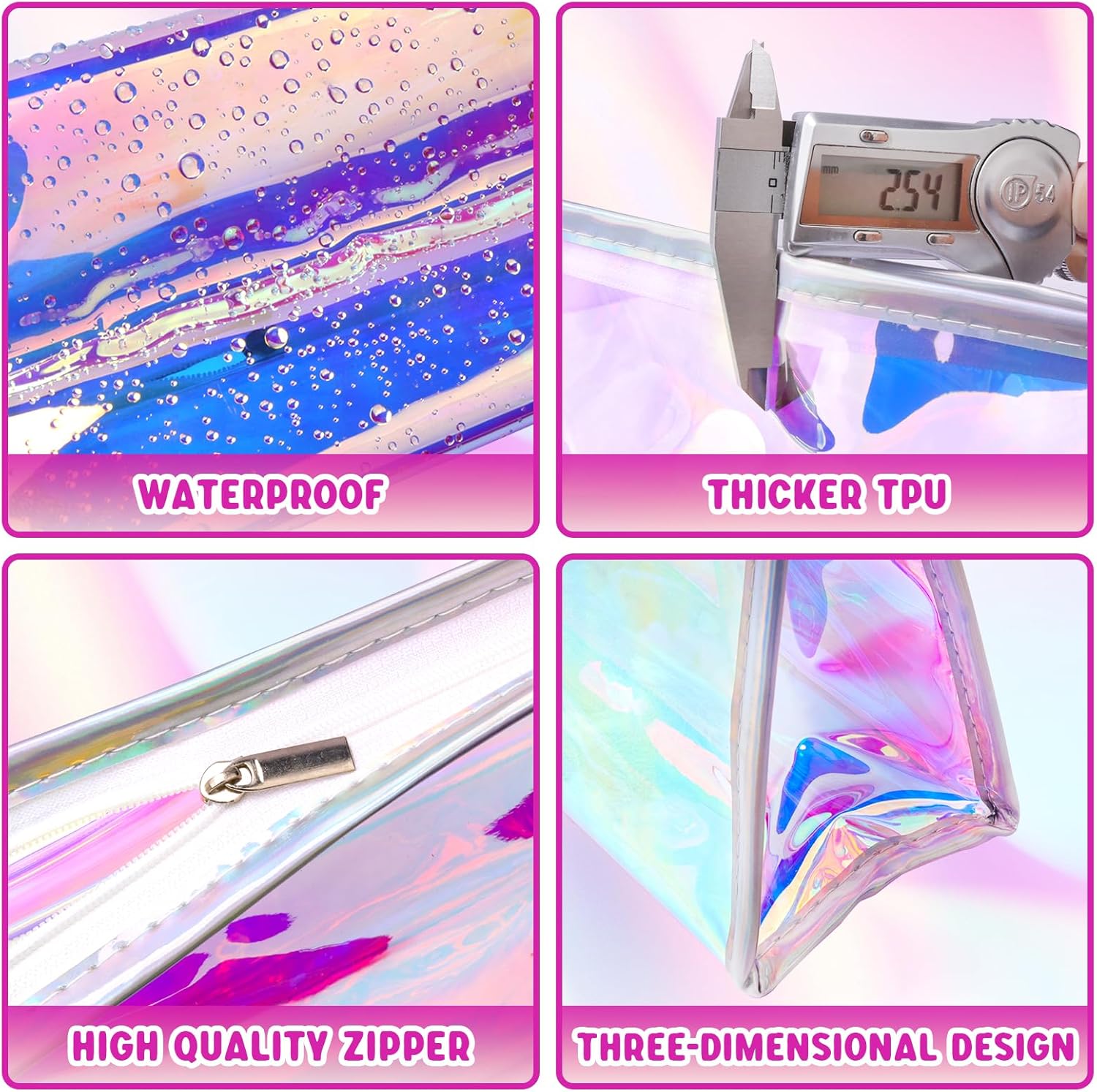Paquete de 2 y 10 bolsas de maquillaje holográficas a granel, bolsa iridiscente, bolsas portátiles con cremallera, bolsa de cosméticos de viaje,