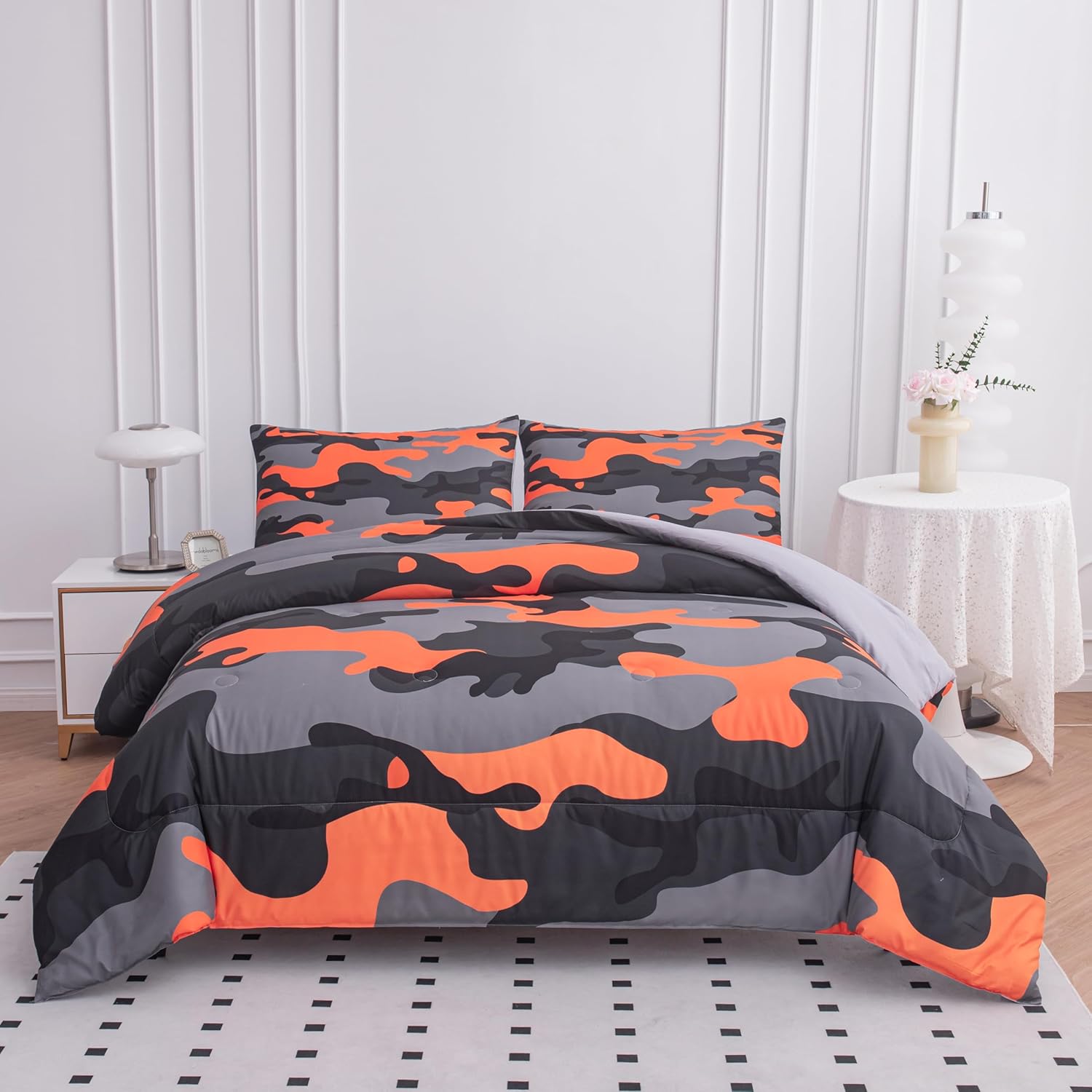 Juego de edredón para niños, tamaño Queen, juego de ropa de cama de camuflaje naranja y gris militar, juego de ropa de cama tamaño Queen, juego de