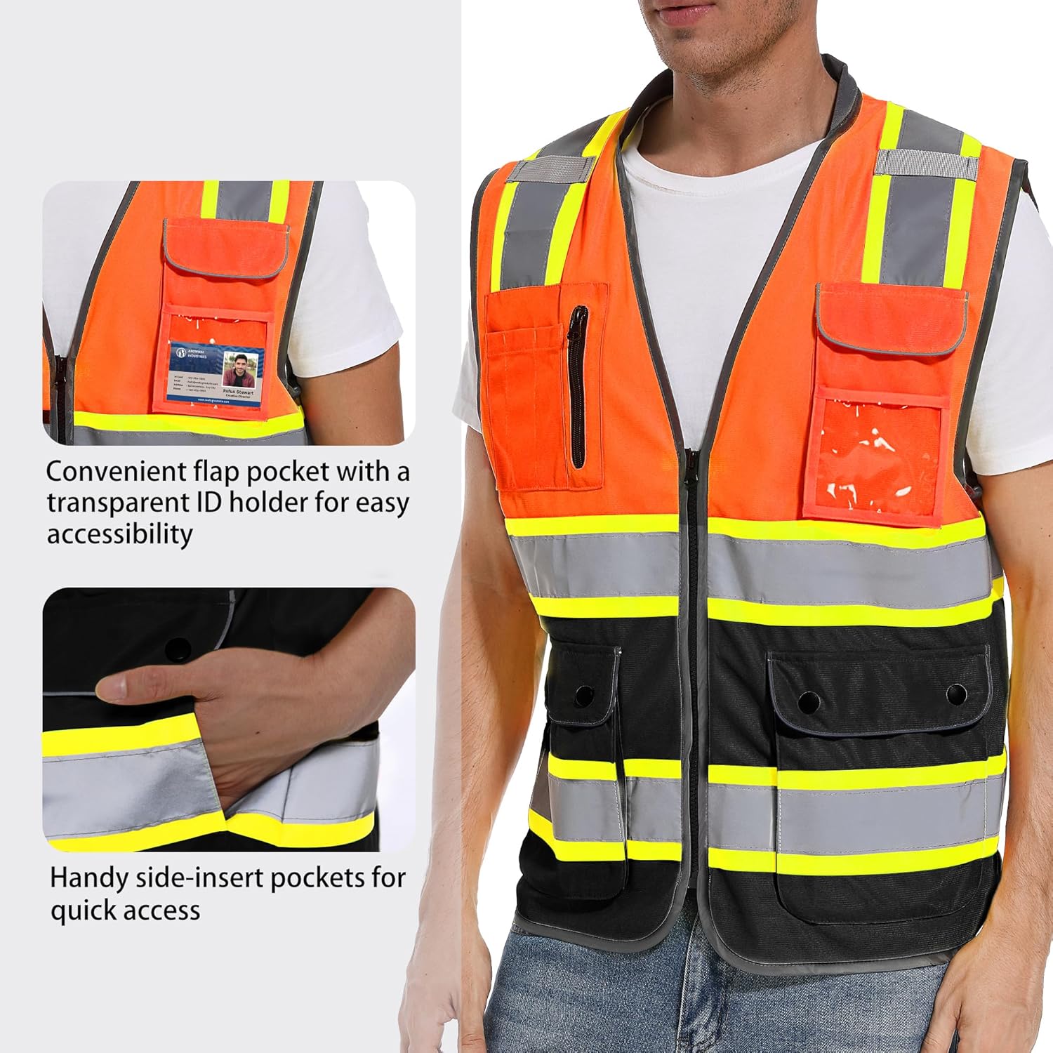 ArcRidge Chaleco de seguridad reflectante para hombres y mujeres, chaleco de construcción de alta visibilidad clase 2, tiras reflectantes de doble