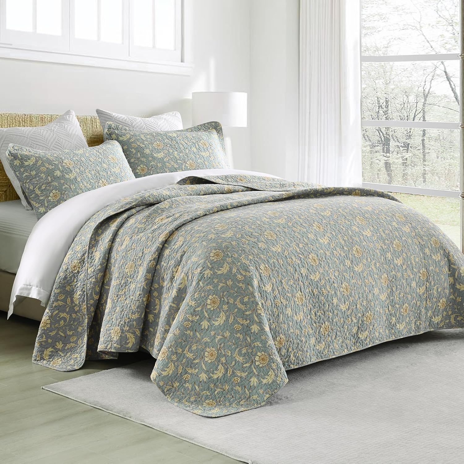 Finlonte Colchas tamaño Queen 100% algodón ligero suave Queen Colcha Vintage Botánico Acolchado Colcha Azul Edredón Beige Floral Reversible Juego de