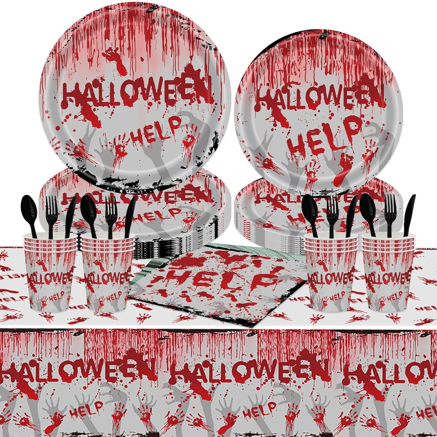 Suministros para fiesta de Halloween  74 piezas de vajilla espeluznante y sangrienta, platos desechables de papel, servilletas, mantel de plástico