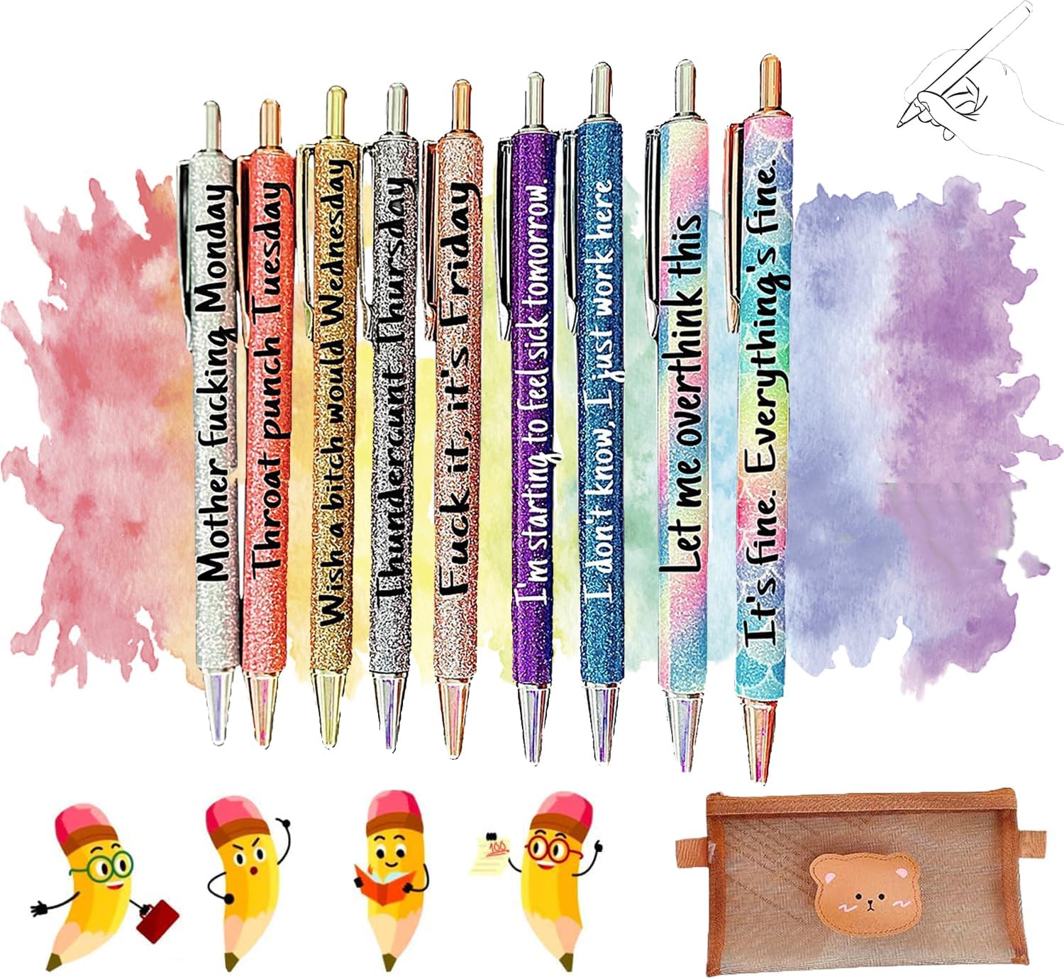RJDJ Juego de bolígrafos con purpurina de colores para almas sarcásticas, juego de bolígrafos divertidos con purpurina, bolígrafos de palabras