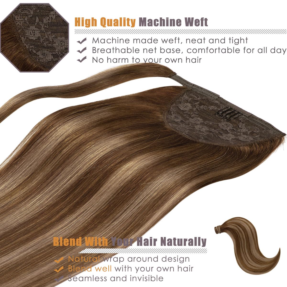 Lacer Extensiones de cabello humano real con cola de caballo larga, color marrón chocolate a castaño de 20 pulgadas, cabello humano envolvente,