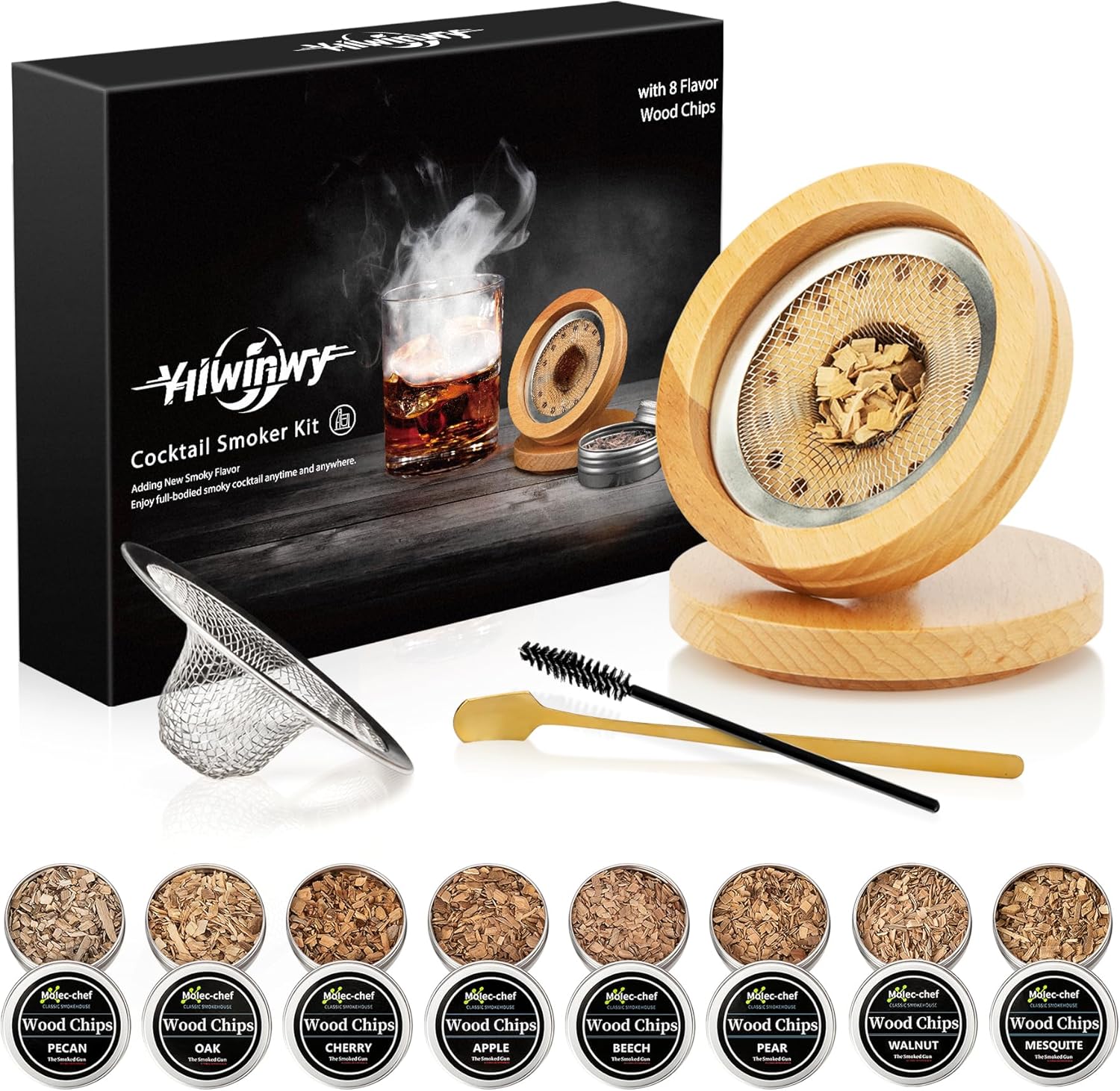Yiiwinwy Kit de ahumador de cóctel con 8 chips de madera, kit de ahumador de whiskybebidabourbon, kit de cóctel a la antigua, aniversario de