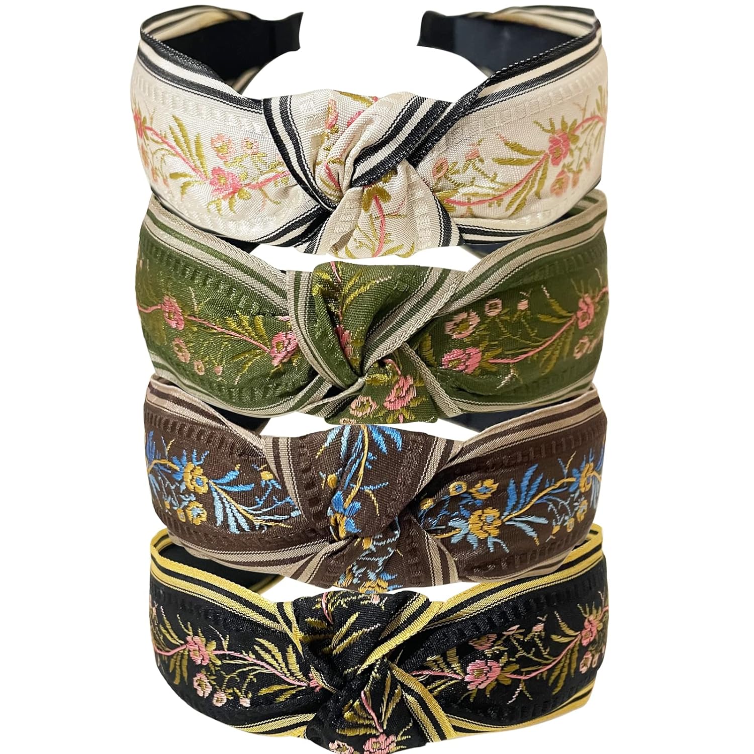 Diadema trenzada vintage hecha a mano, 4 piezas, tela bordada, nudo cruzado, aro elástico para el cabello, dulce banda ancha para el cabello para