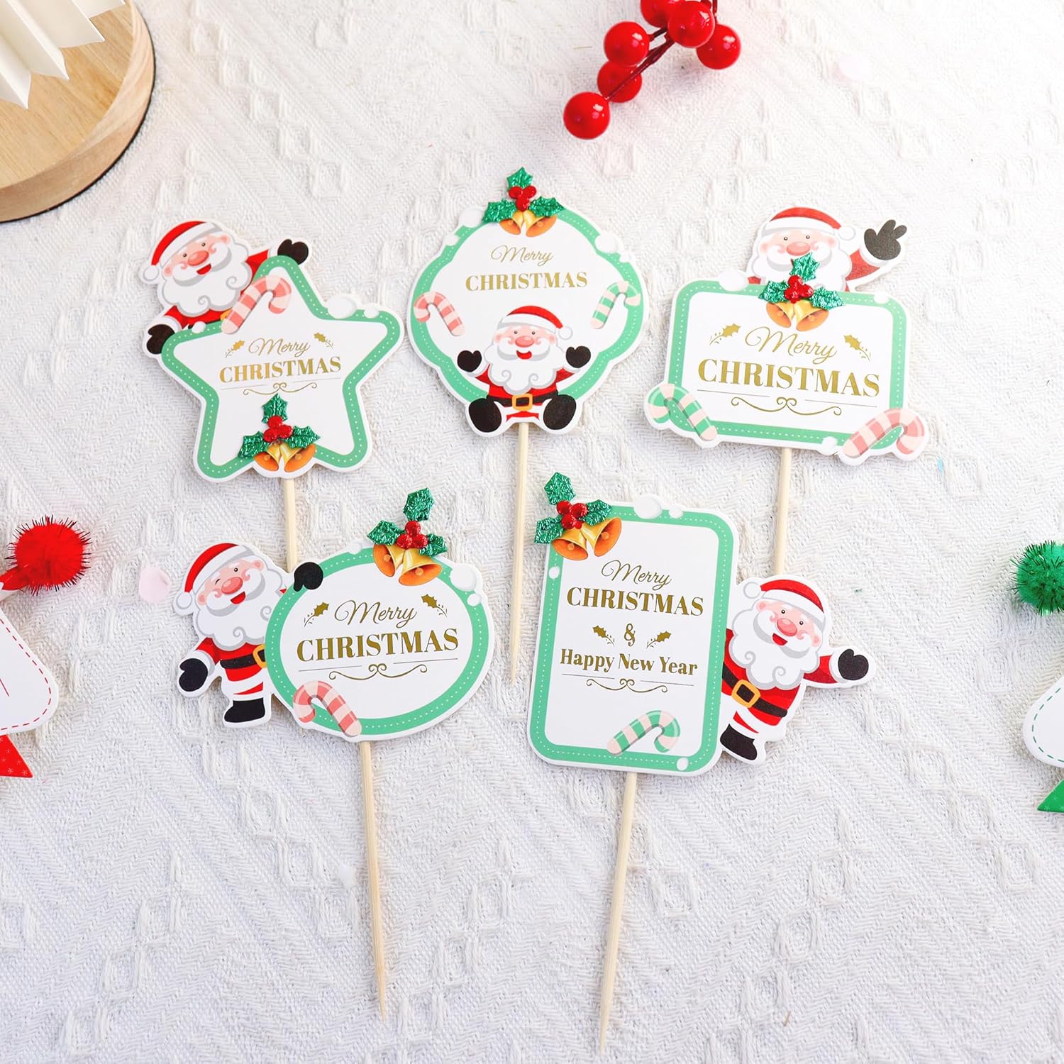 Ercadio Paquete de 30 adornos para cupcakes con purpurina de Papá Noel, ciervo, muñeco de nieve, botas de Navidad, árbol de magdalenas, temática de