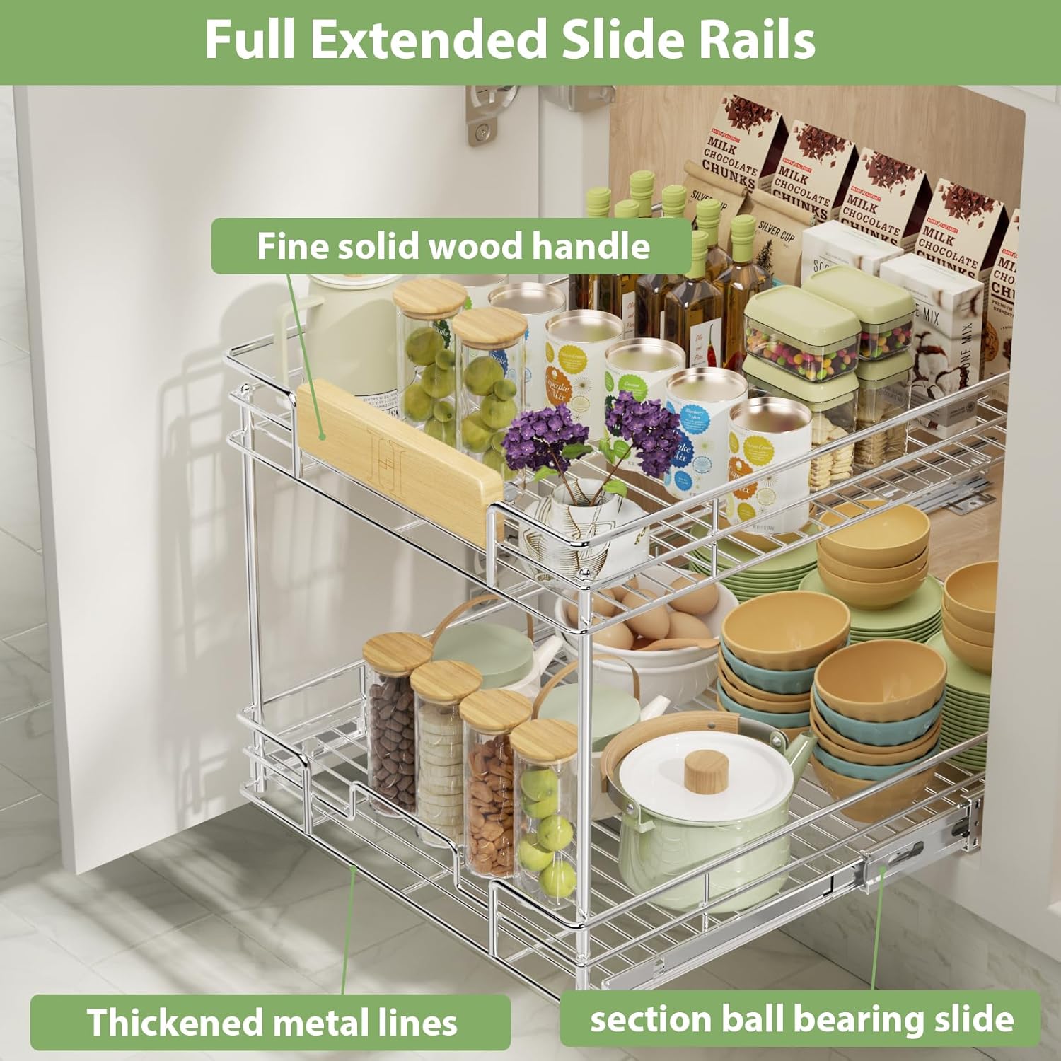 ROOMTEC Organizador de gabinete extraíble con mango de madera, 13 pulgadas de ancho x 21 pulgadas de profundidad, 2 niveles para cajones de