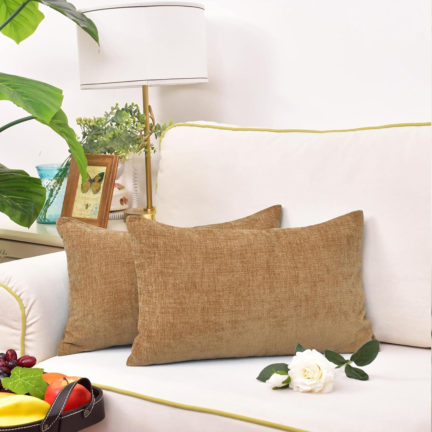 CaliTime Paquete de 2 fundas de almohada acogedoras para sofá, decoración del hogar, felpilla suave teñida sólida de 12 x 20 pulgadas, color marrón