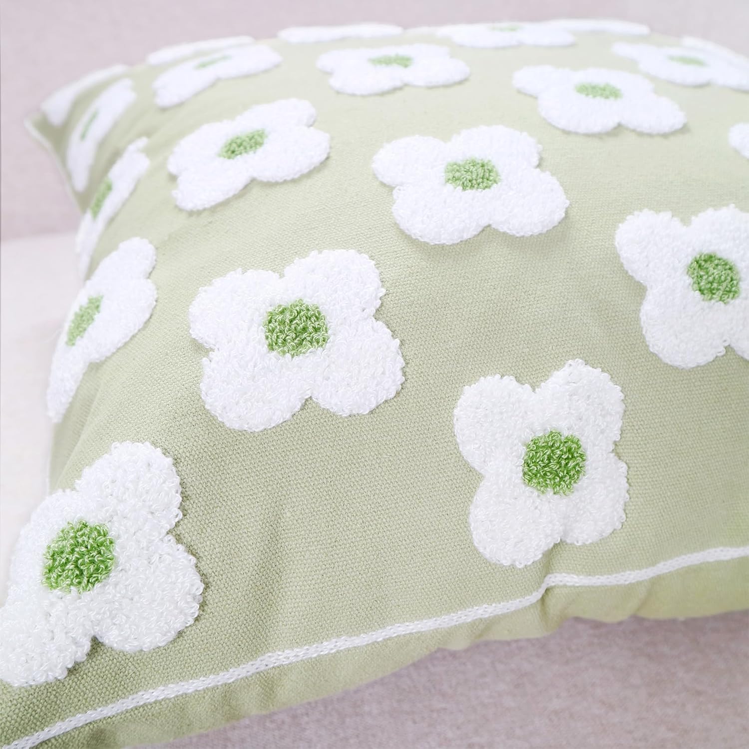 Funda de almohada bordada de 12 x 20 pulgadas, diseño floral verde claro, decoración del hogar, funda de almohada bordada de lona de algodón gruesa