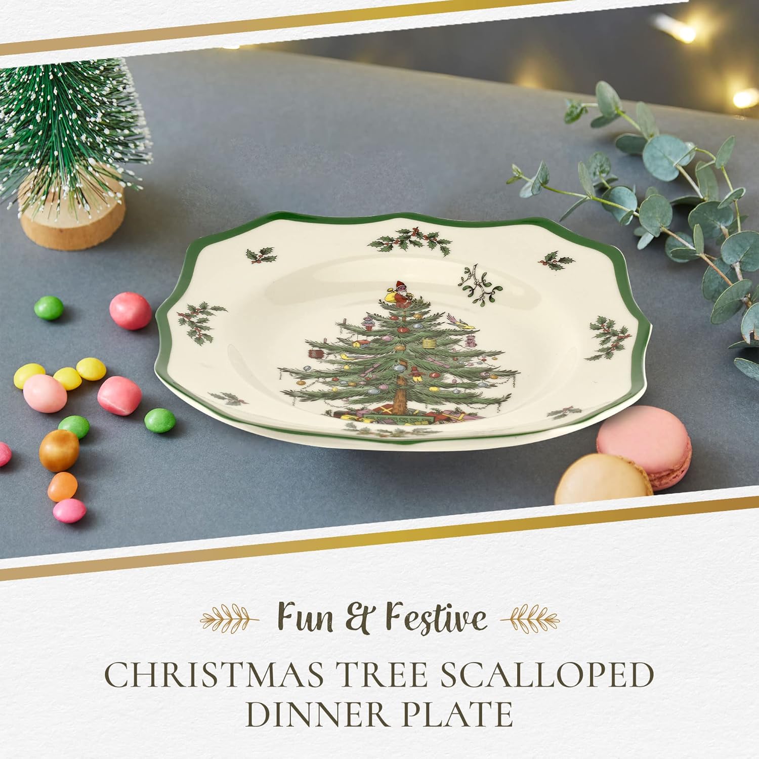 Spode Christmas Tree Scalloped Dinner Plate  Christmas Dinner Dishes  Fine Earthenware  Holiday Large Plates  Dishwasher and Microwave Safe