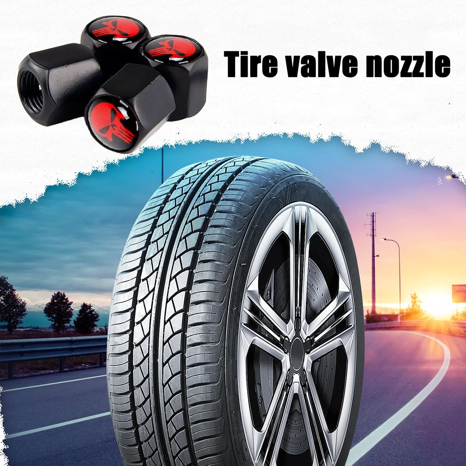 Fogfar 4 tapas de válvula de neumático de automóvil, cubierta antirrobo de vástago de válvula de calavera con herramientas, universales para la