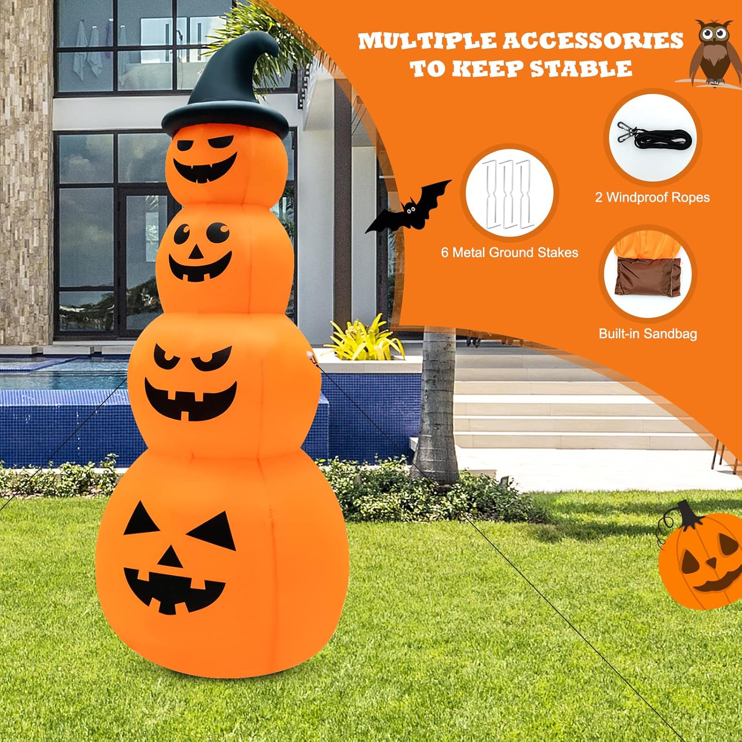 GOFLAME Calabazas inflables apiladas de Halloween de 8 pies con sombrero de bruja, decoración navideña inflable con luces LED integradas, soplador