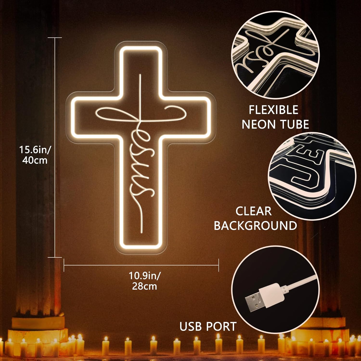 Letreros de neón con cruz de Jesús, decoración de pared LED para dormitorio, sala de estar, bodas, letrero de luz regulable para decoración del