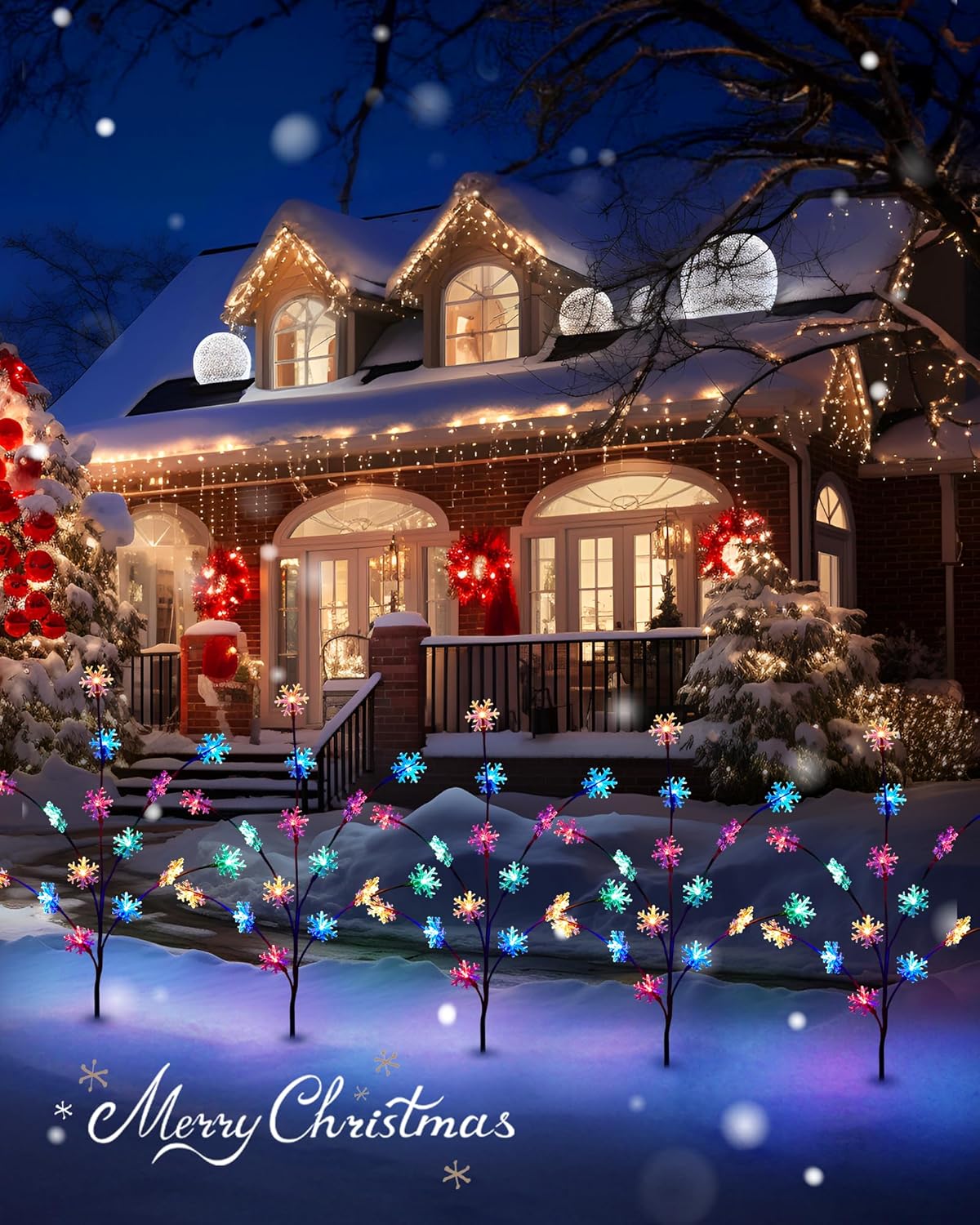 Luces de copo de nieve para exteriores, paquete de 4 luces de Navidad para entrada, árbol al aire libre, decoraciones de Navidad al aire libre,