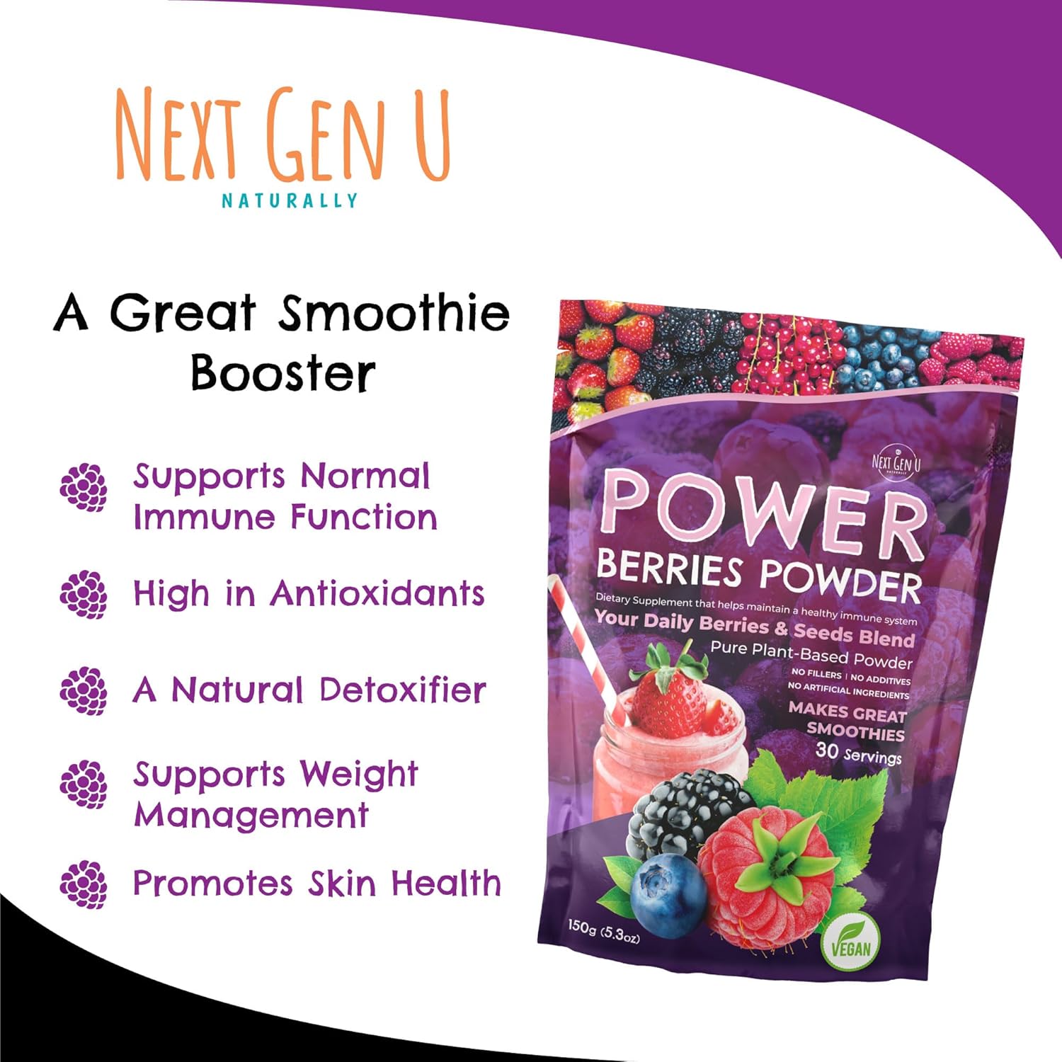Next Gen U Super Berry Powder 5.29 oz, suplemento alimenticio de apoyo inmunológico, mezcla de batidos de bayas superalimentos para batidos,