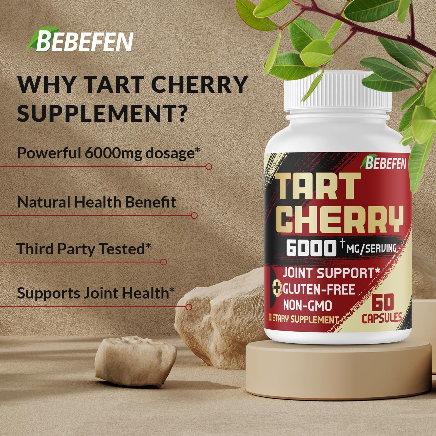 BEBEFEN Cápsulas de cereza ácida de 6000 mg  Extracto de jugo de cereza agria  Salud de las articulaciones, masa muscular y descanso bien