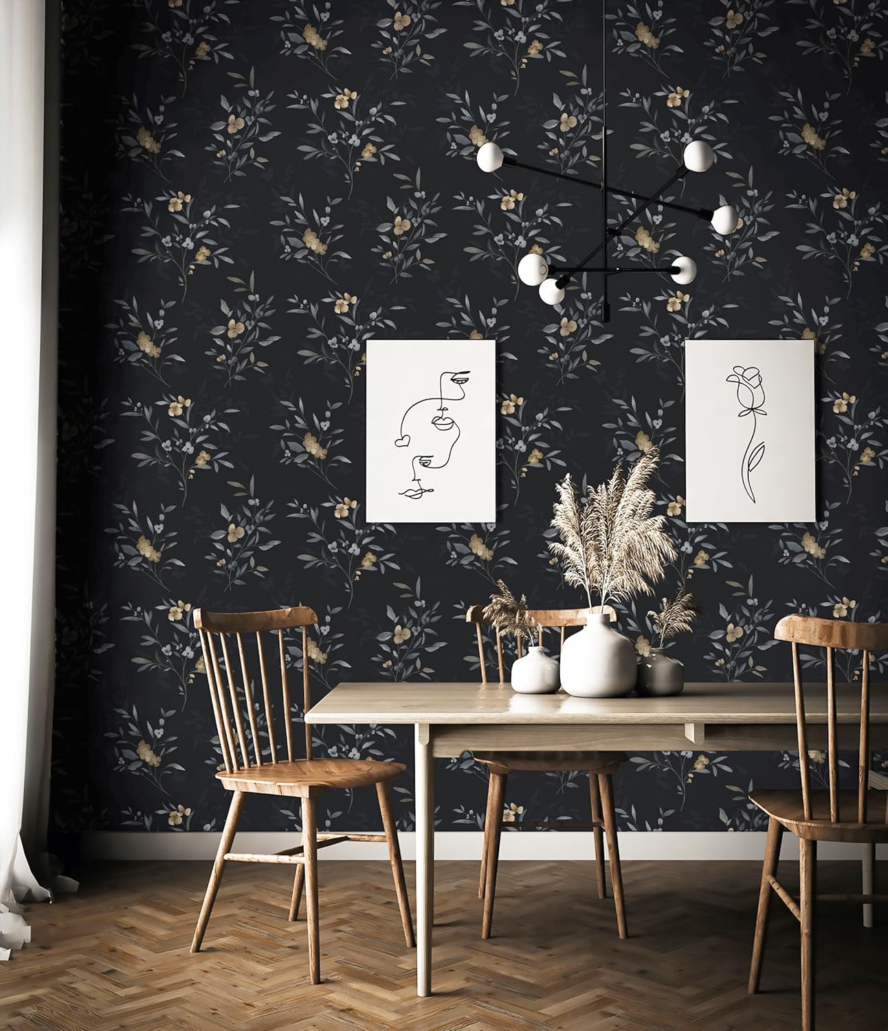 Papel tapiz floral oscuro, papel tapiz de hojas negras, papel de contacto con flores doradas, papel autoadhesivo extraíble, impermeable, papel de