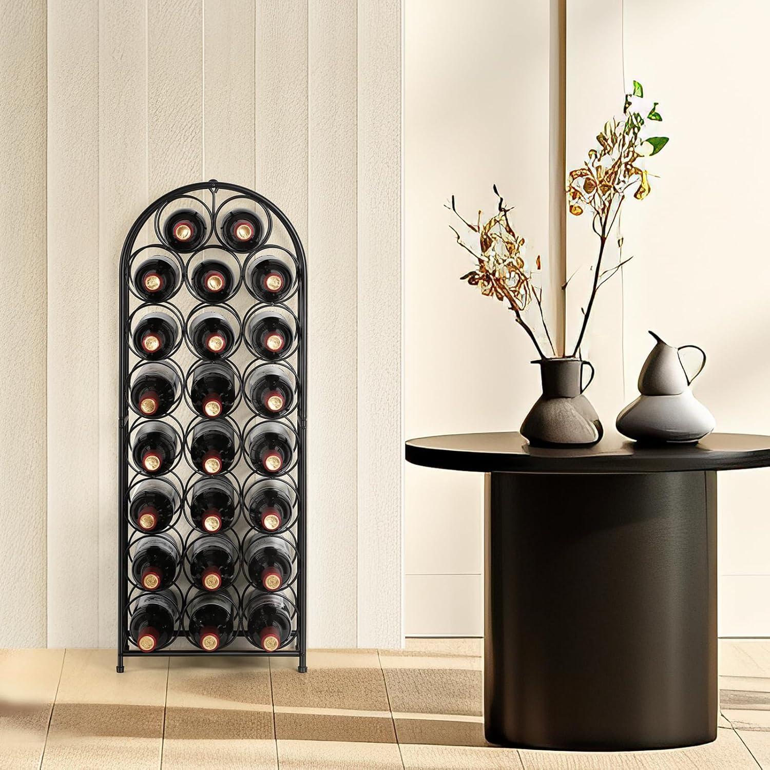 ETELI Botellero de metal independiente para 23 botellas con mango de hierro, elegante y funcional, mantiene tu soporte de bodega de vino estilo