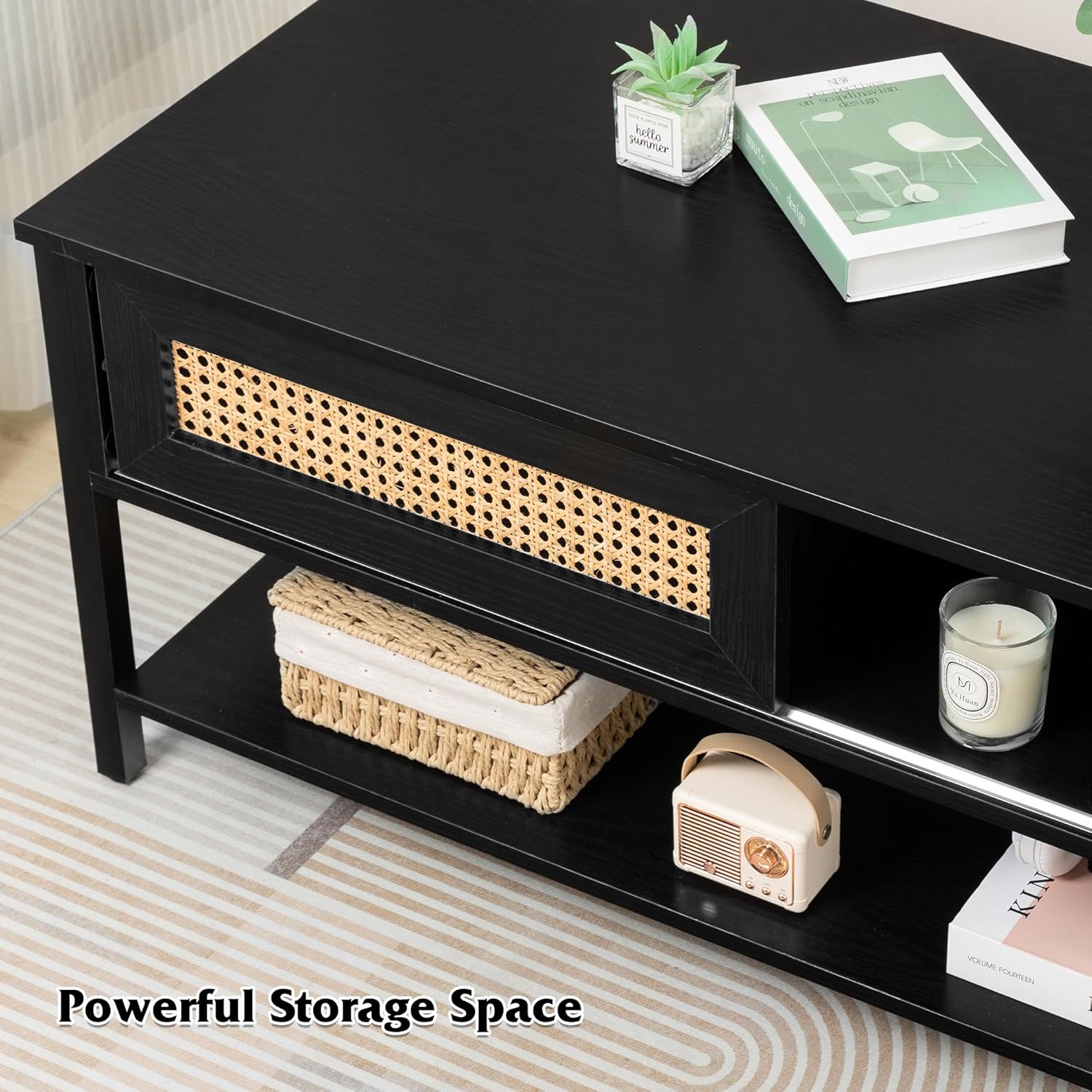 Mesa de centro con puertas correderas de ratán natural, mesa de centro moderna de mediados de siglo con almacenamiento, mesa de centro de madera