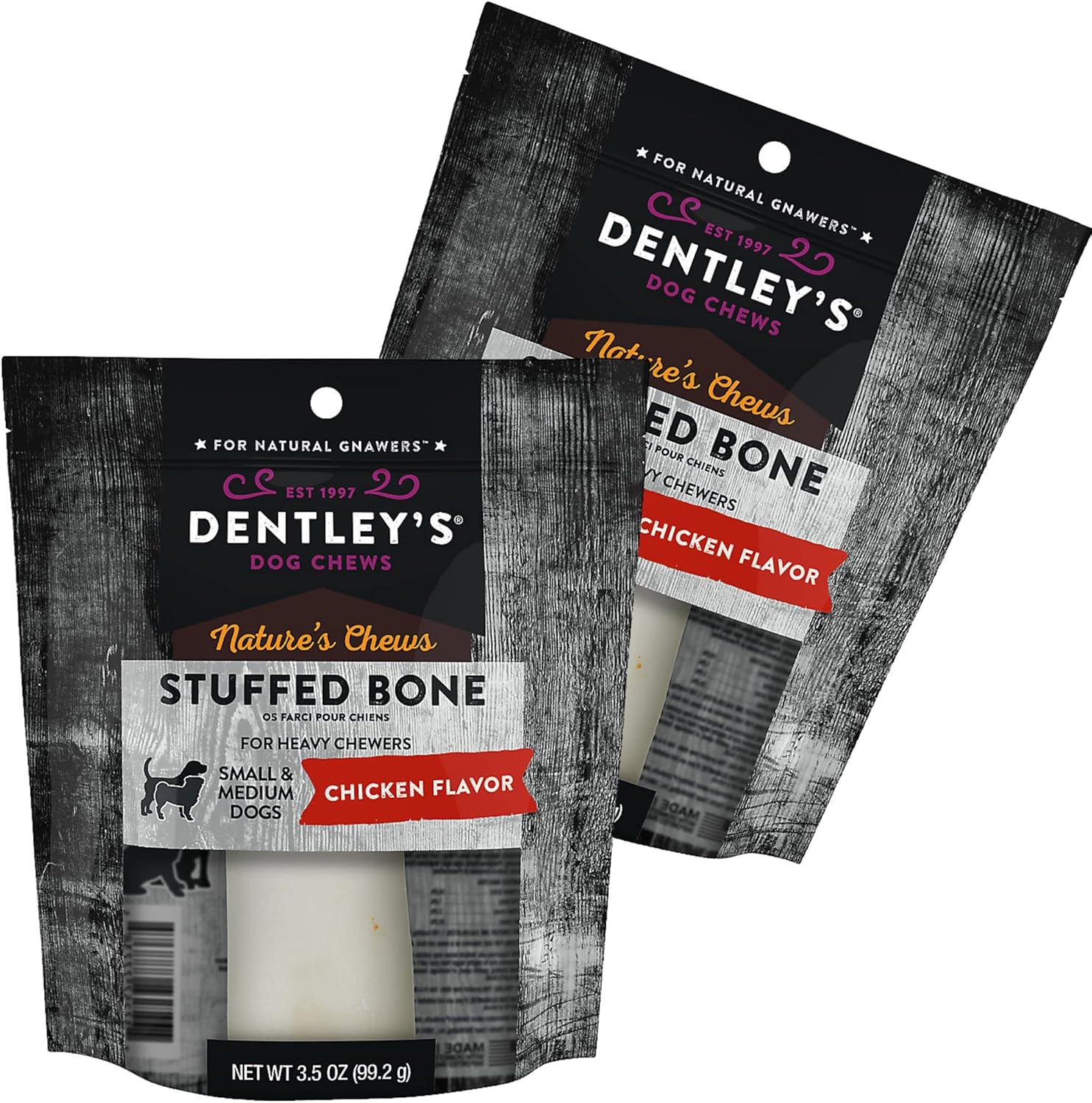 Dentley’s 2 unidades de hueso de fémur relleno medio para perro masticable con sabor a pollo, 2 unidades de fémur y masticar, hecho en Estados Unidos
