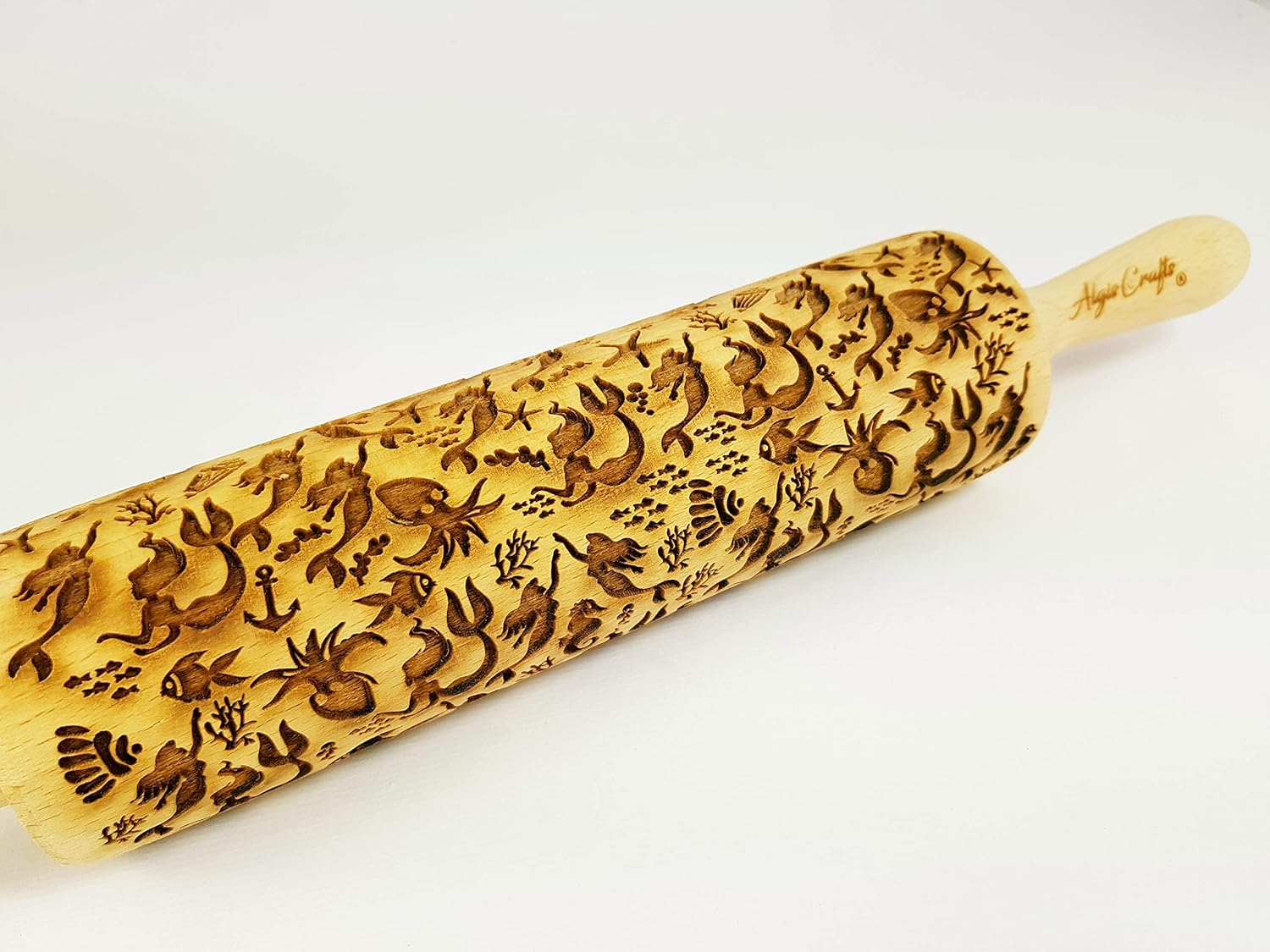 MERMAID Embossing Rolling Pin Laser Engraved Wooden Dough Roller with Ocean Symbols