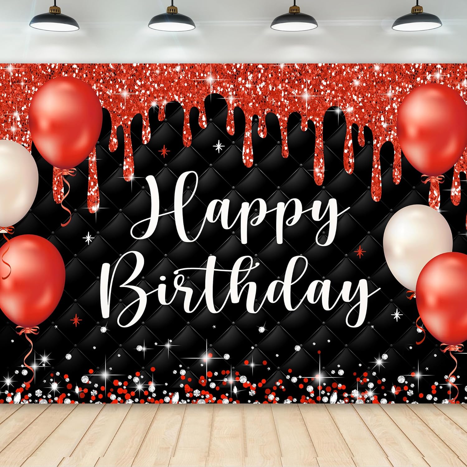 Cartel de feliz cumpleaños rojo y negro para mujeres y niñas, 7 pulgadas de ancho x 5 de alto, fotografía moderna de lujo con puntos de purpurina,