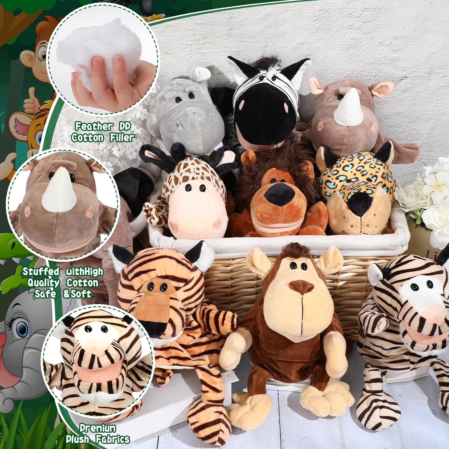 Juego de 10 títeres de mano de animales para niños, juguetes de selva de felpa suave con boca abierta y movible, amigo, safari, vida silvestre,