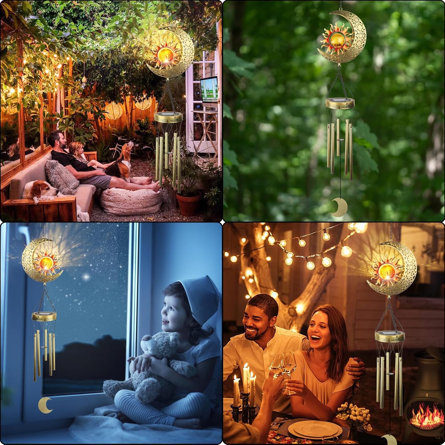 Klmnduo Campanillas de viento, bola de vidrio agrietada de sol y luna con increíble tono profundo, luces solares LED impermeables para decoración de