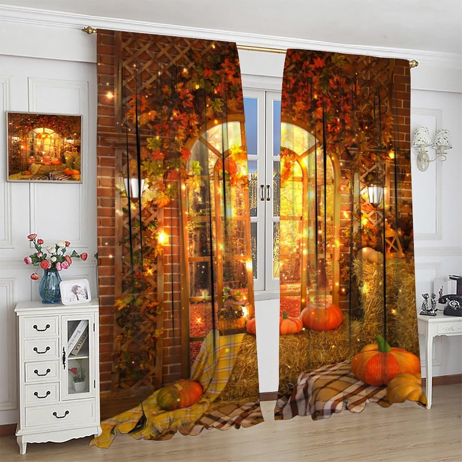 Cortinas de calabaza de cosecha de otoño, Acción de Gracias, hojas de arce otoñales, tratamientos de ventana para dormitorio, sala de estar, cocina,