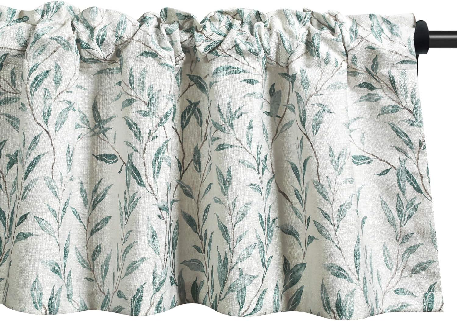 VOGOL Cenefas azules para ventanas, preciosas cortinas de ventana con estampado de hojas, cenefas de cocina con bolsillo para barra, para ventanas,