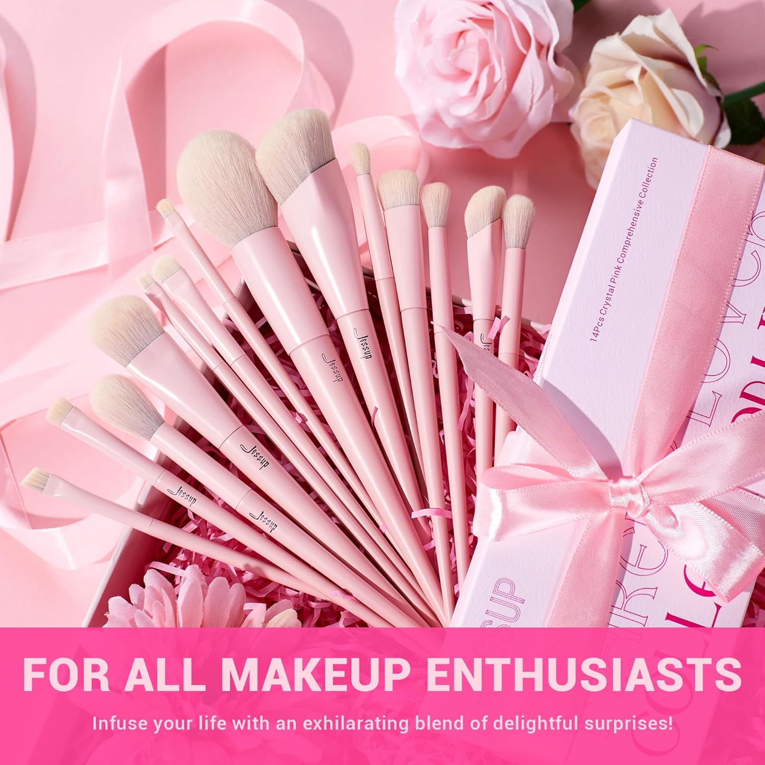 Jessup Juego de 14 brochas de maquillaje rosadas, brochas de maquillaje veganas de primera calidad, corrector de base, rubor, sombra de ojos,