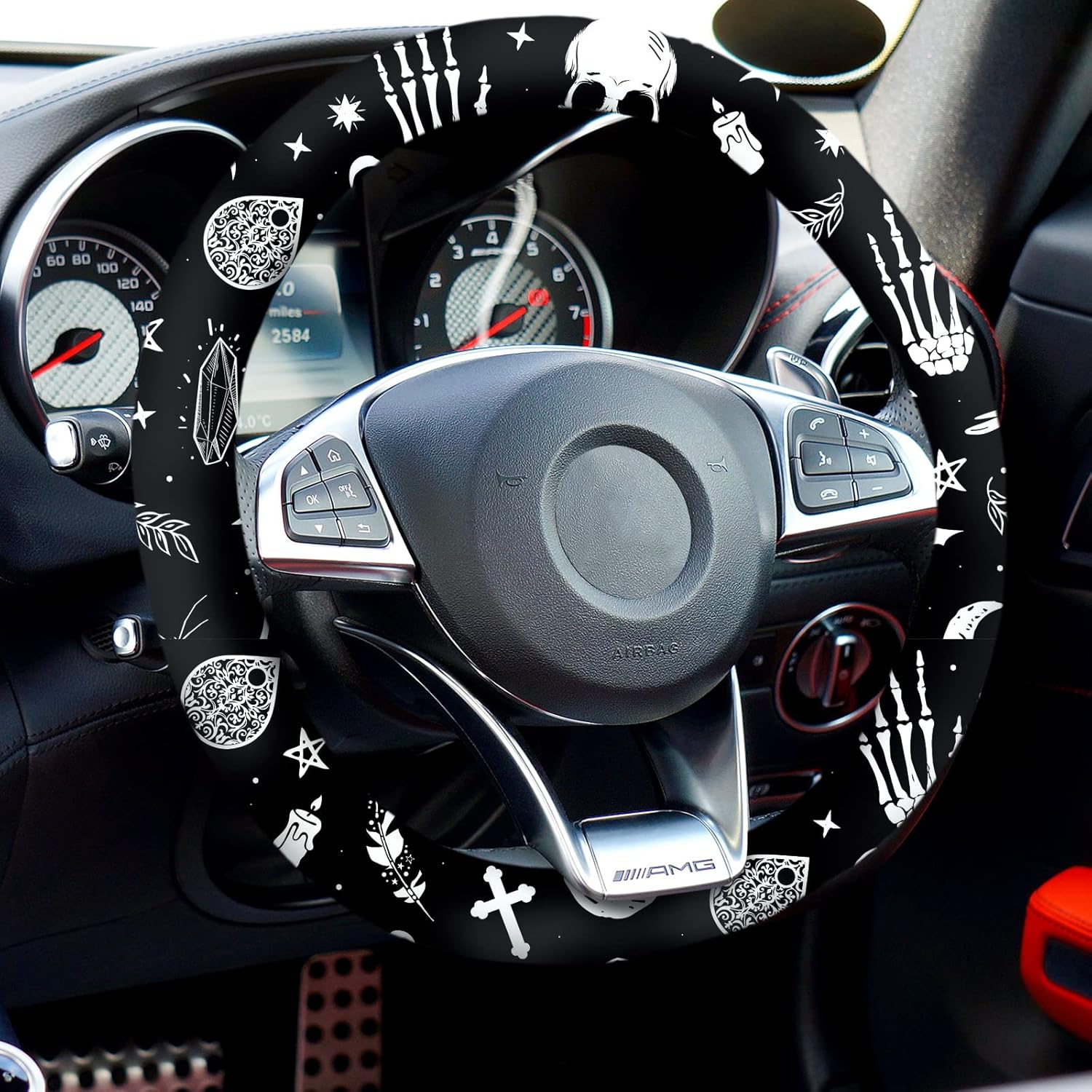 Juego de 4 accesorios para automóvil con estampado de lunas negras y estrellas blancas con 2 portavasos y llavero de cuero para camión SUV (patrón