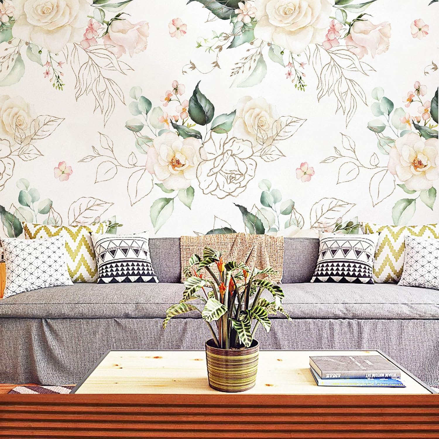 Papel tapiz floral para despegar y pegar, papel de contacto extraíble, hojas de oro rosa, bohemio, fácil de despegar, autoadhesivo, impermeable,