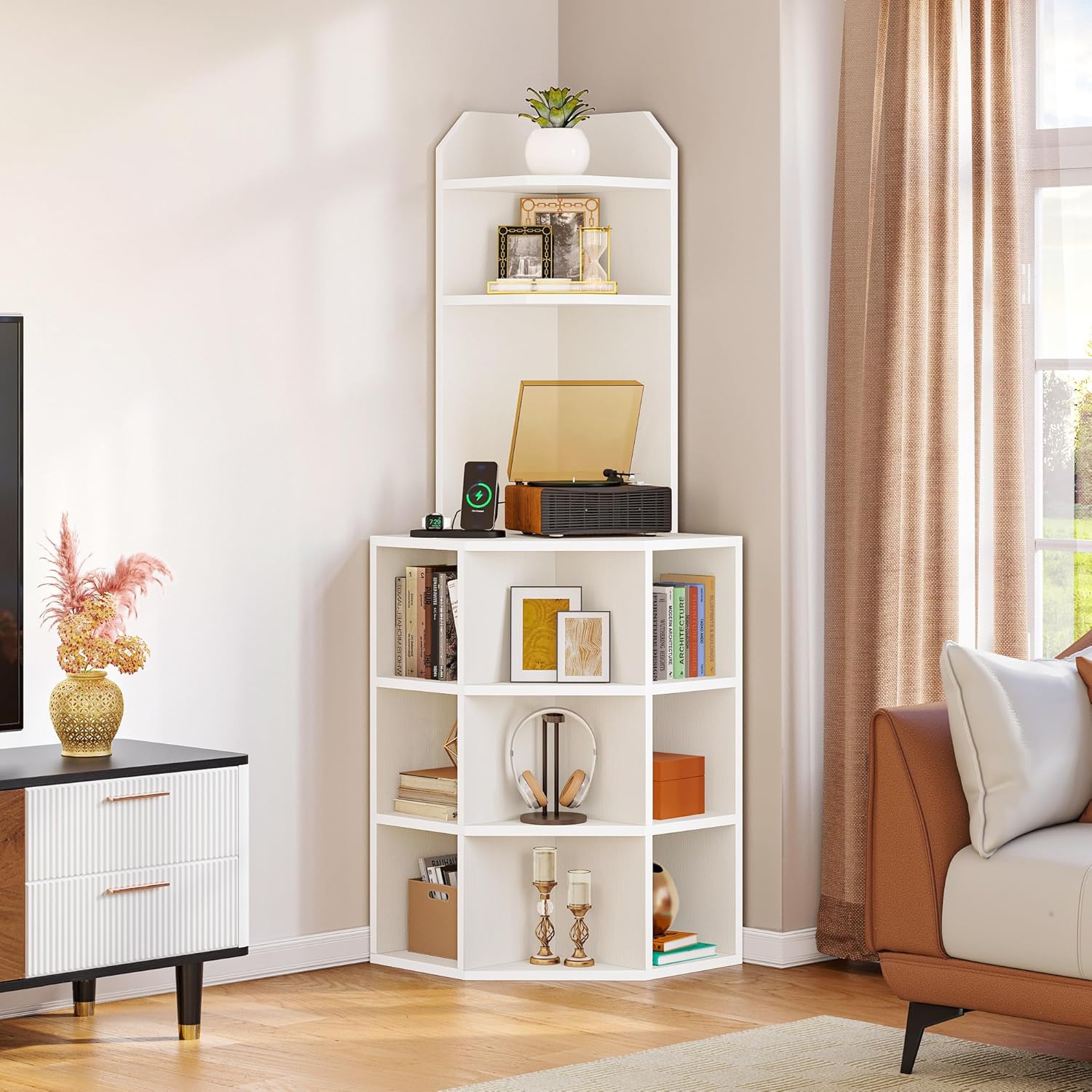 YITAHOME Estante esquinero con puertos USB y tomacorrientes, moderno estante de almacenamiento de esquina para gabinete, estación de carga,