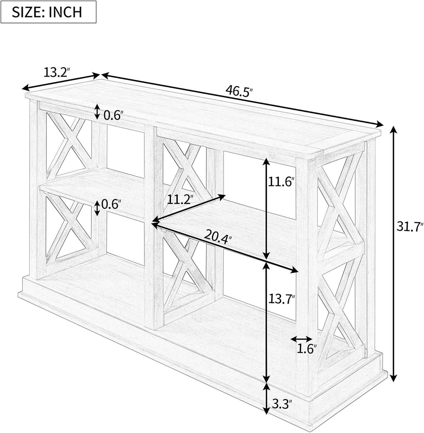 LUMISOL Mesa de sofá estrecha con 3 niveles de almacenamiento para entrada, mesa de vestíbulo en forma de X, mesa de pasillo, mesa de sofá larga y
