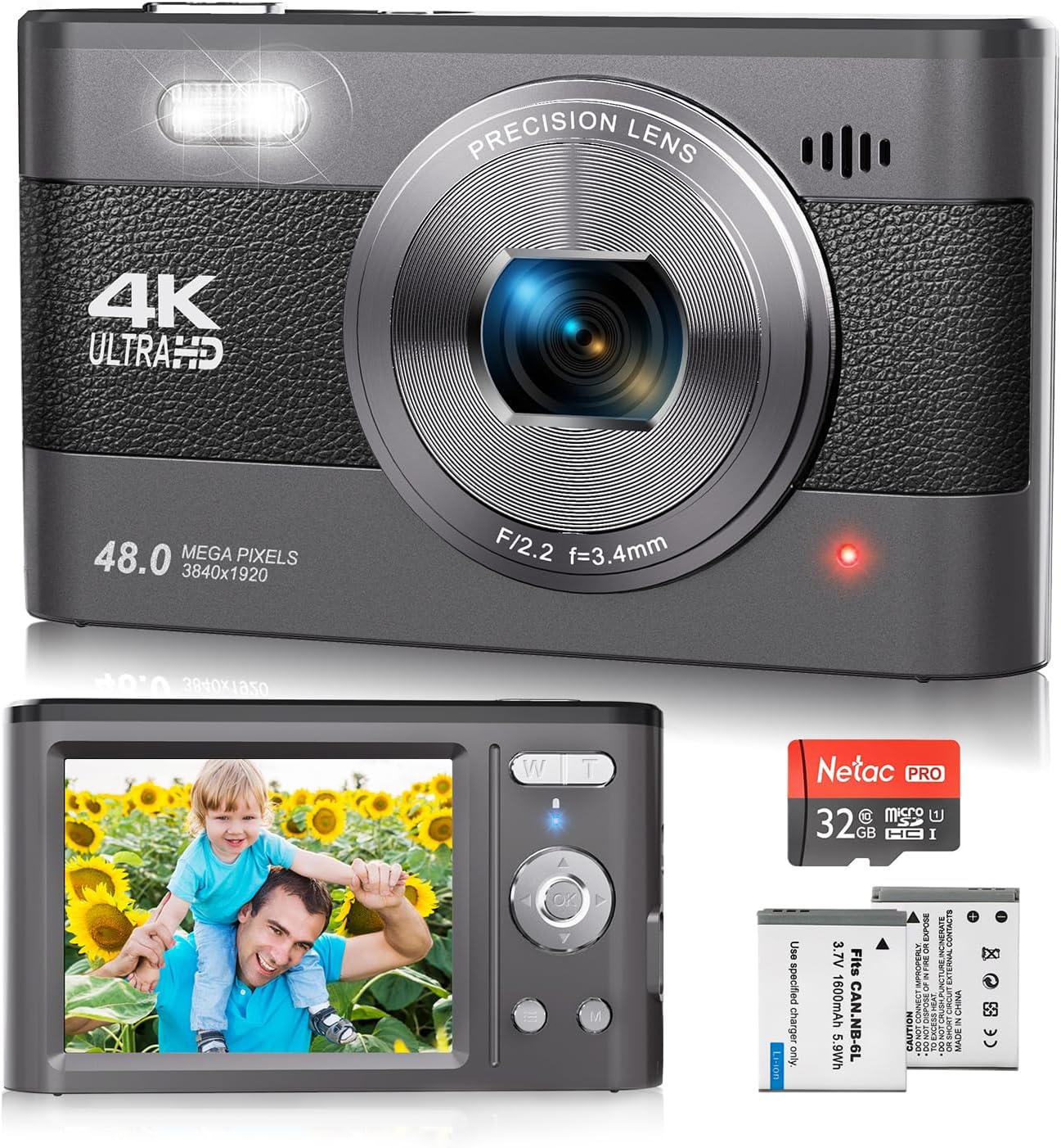 Cámara digital 4K, cámara de vlogging de 48 MP para fotografía, cámara compacta de viaje de YouTube con flash, zoom digital 18X, tarjeta SD de 32 G