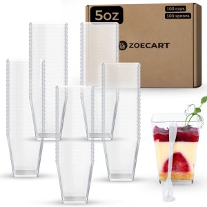 Paquete de 100 tazas y cucharas de postre de plástico de 5 onzas, tazas de parfait transparentes, mini tazas de postre con cucharas, tazas cuadradas Paquete de 100 tazas y cucharas de postre de plástico de 5 onzas, tazas de parfait transparentes, mini tazas de postre con cucharas, tazas cuadradas