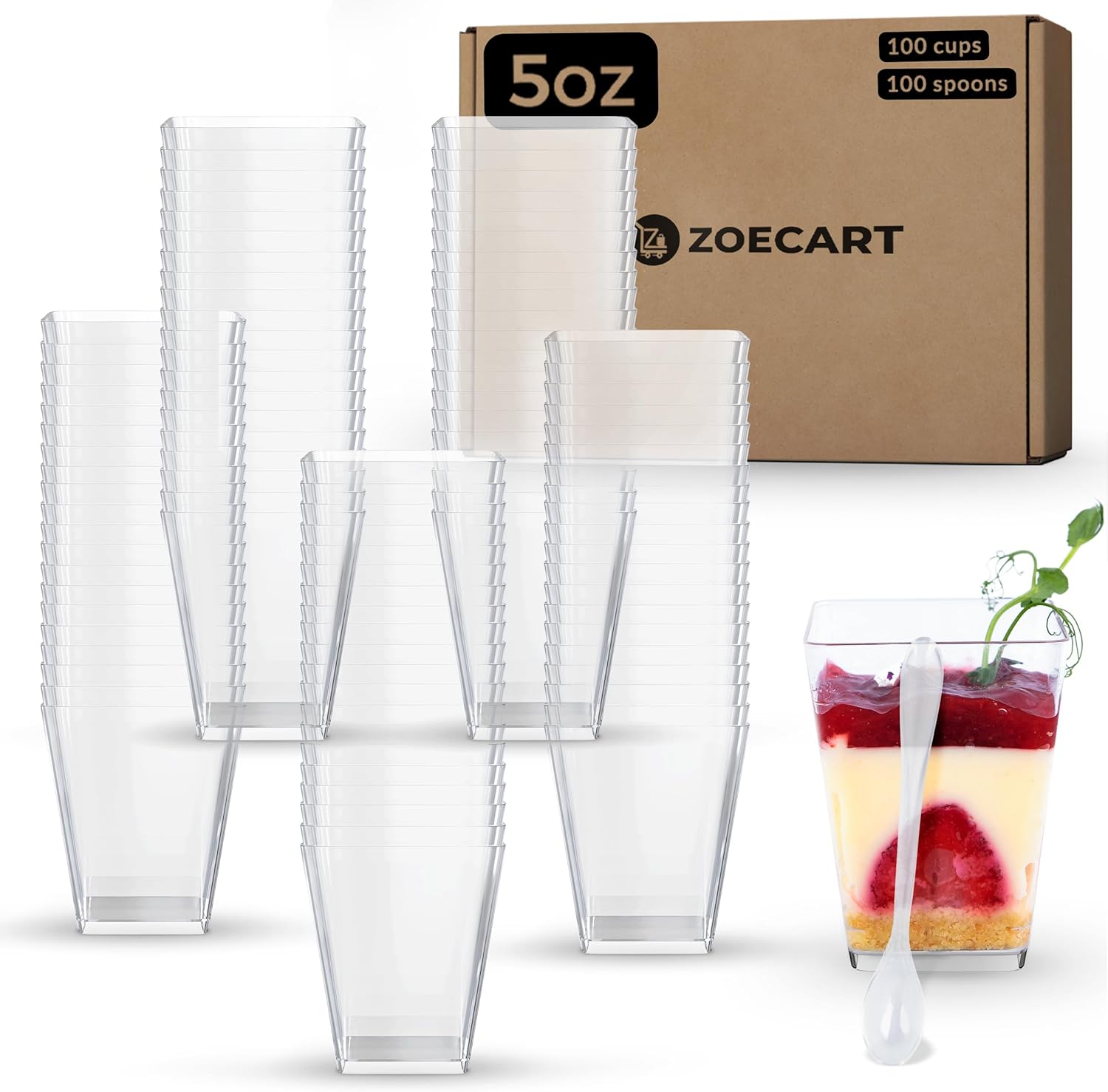 Paquete de 100 tazas y cucharas de postre de plástico de 5 onzas, tazas de parfait transparentes, mini tazas de postre con cucharas, tazas cuadradas