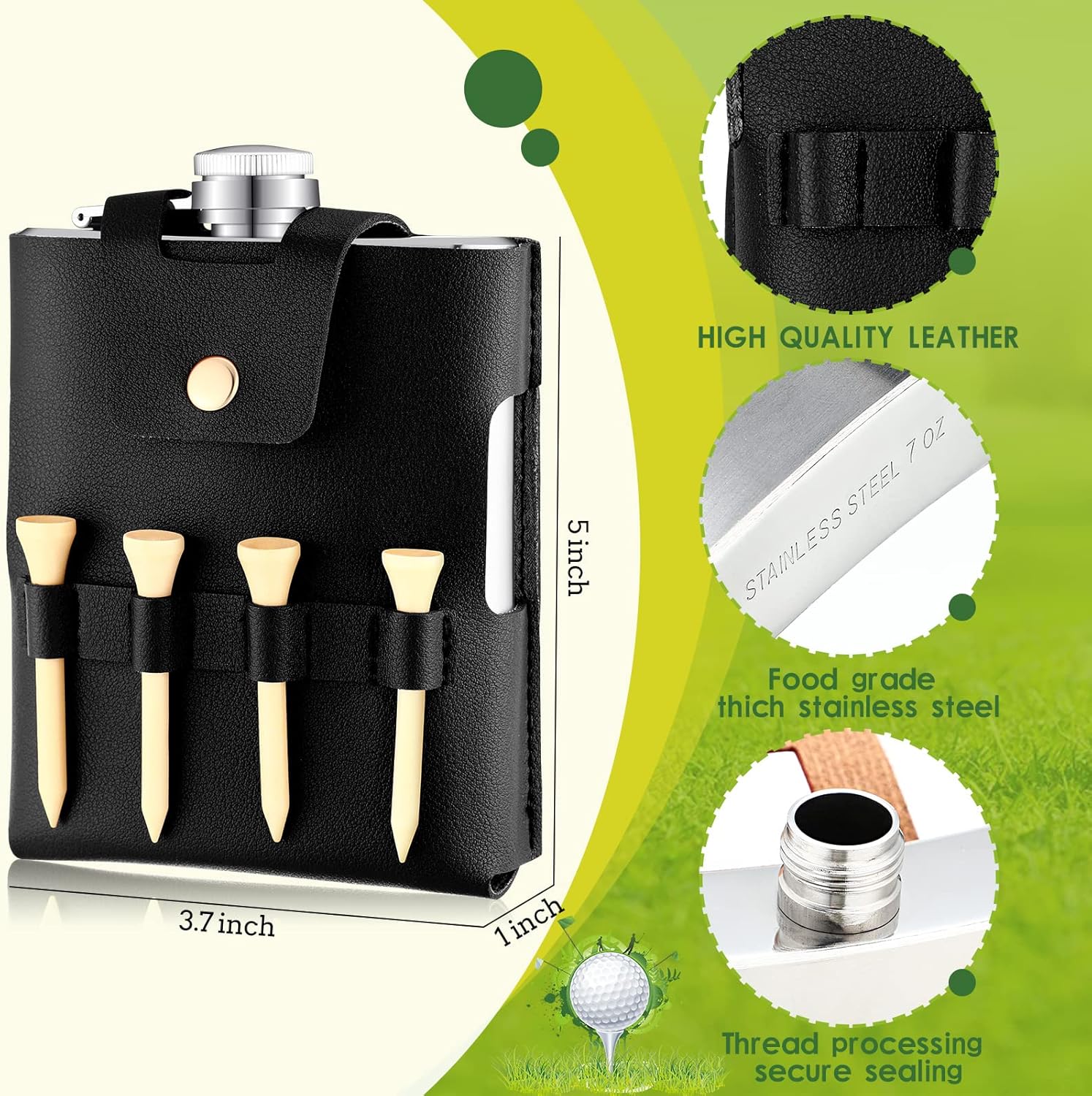 Set de regalo de botella de golf de acero inoxidable de 7 onzas con funda de cuero, accesorios de golf para hombres y mujeres, incluye frascos,