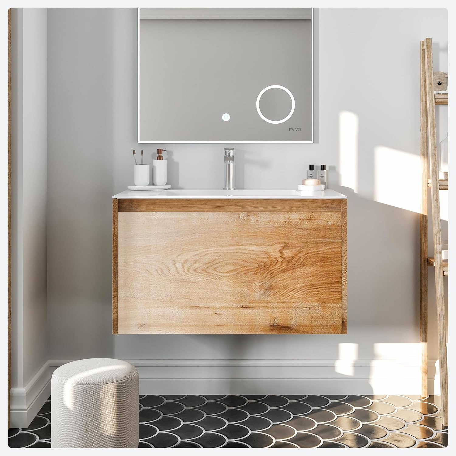 Eviva Tocadores de baño modernos montados en la pared, tocador de baño de roble de ingeniería de 36 pulgadas con fregadero, gabinete de lavabo de