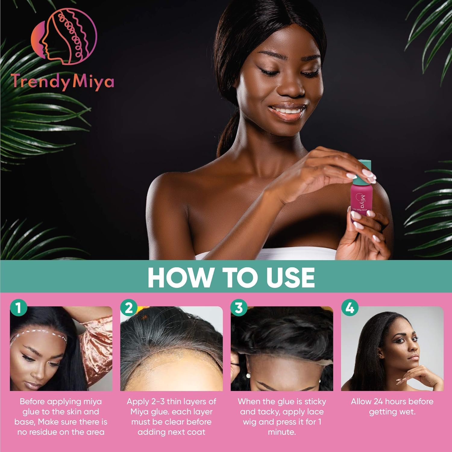 MIYA – Pegamento para peluca de encaje, pegamento para el cabello, 1.0 fl oz y removedor de 2.0 fl oz para tejido, resistente al aceite y al agua,
