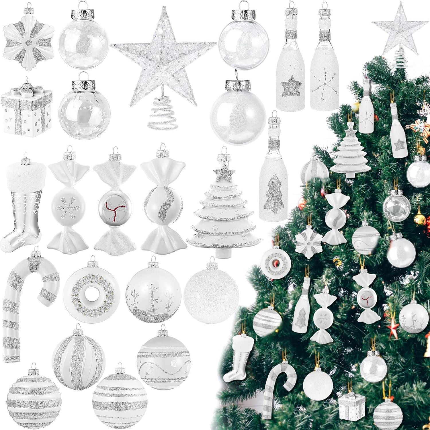 Juego de 64 bolas de adornos de caramelo de Navidad, adornos de Navidad, surtido de adornos de árbol de Navidad, bolas de Navidad para árbol de