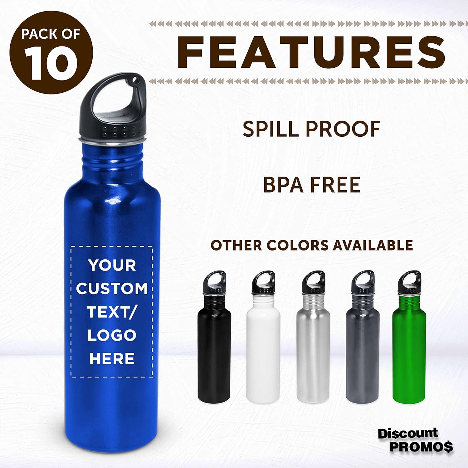 DISCOUNT PROMOS Botellas de agua personalizadas de acero inoxidable de 26 onzas, juego de 10, paquete a granel personalizado, reutilizables, a