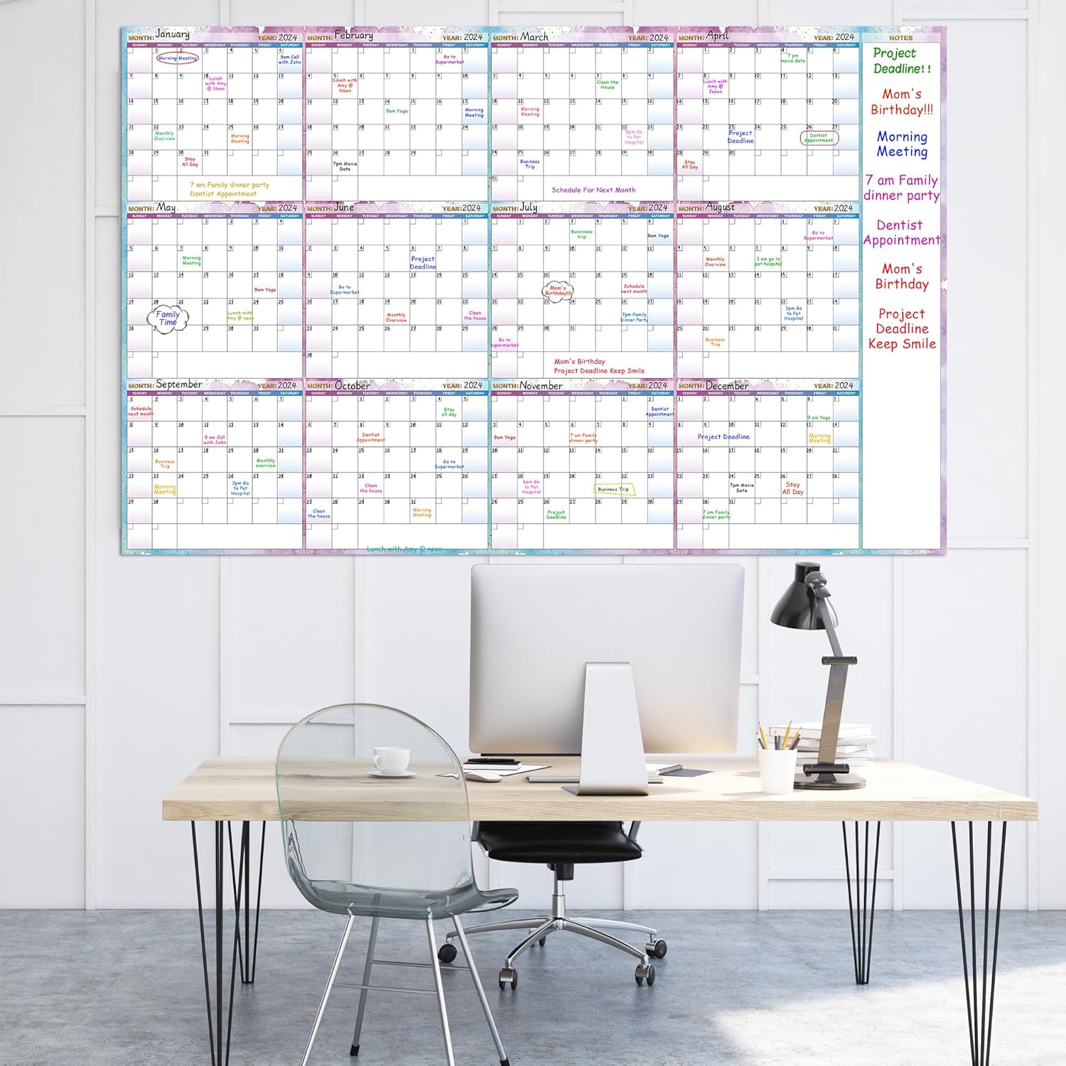Calendario grande de borrado en seco para pared, calendario anual de pared de borrado en seco, 58 x 37 pulgadas, planificador de calendario en