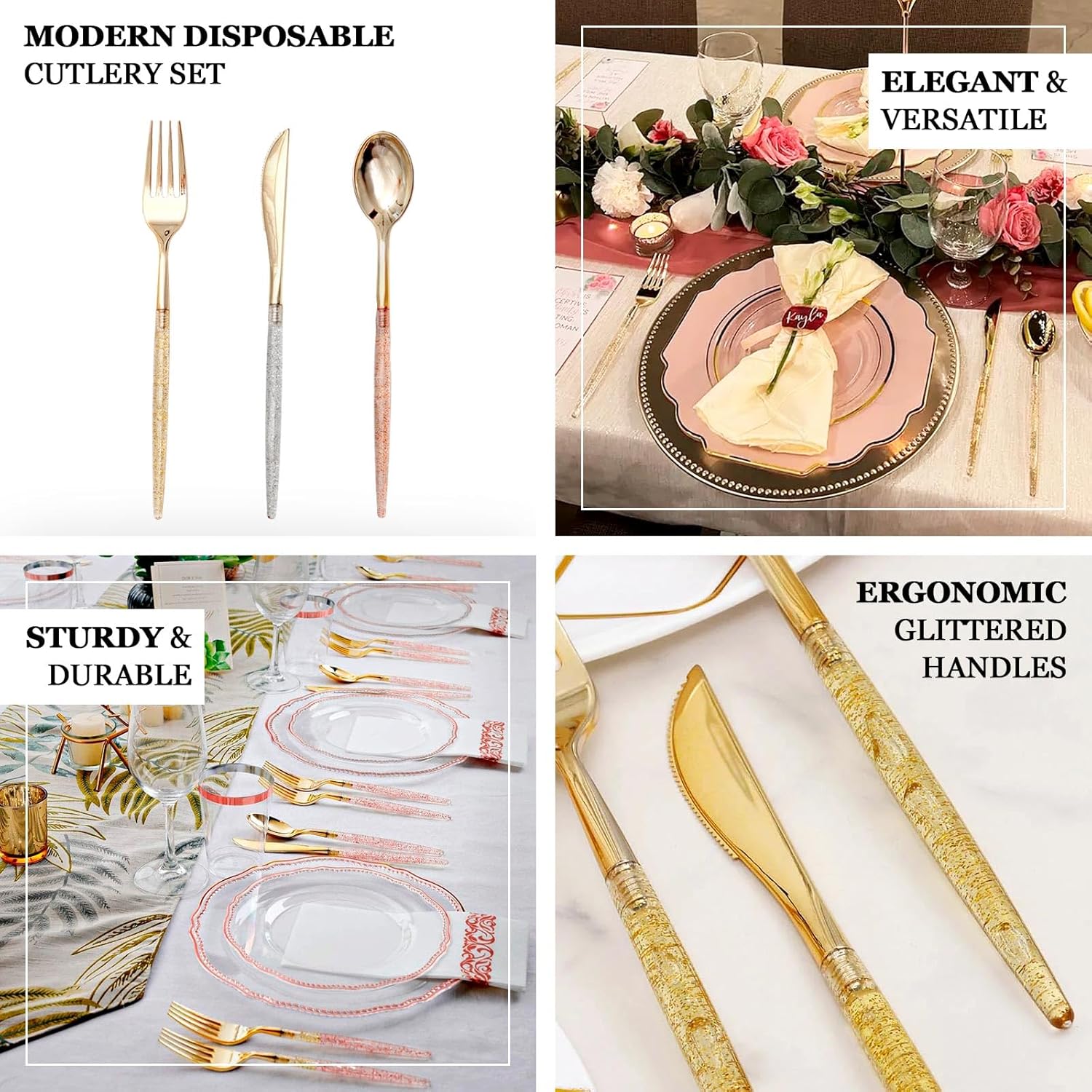Efavormart – Juego de cubiertos desechables de 8 pulgadas, color oro rosa con purpurina, cubiertos de plástico para bodas, eventos y banquetes