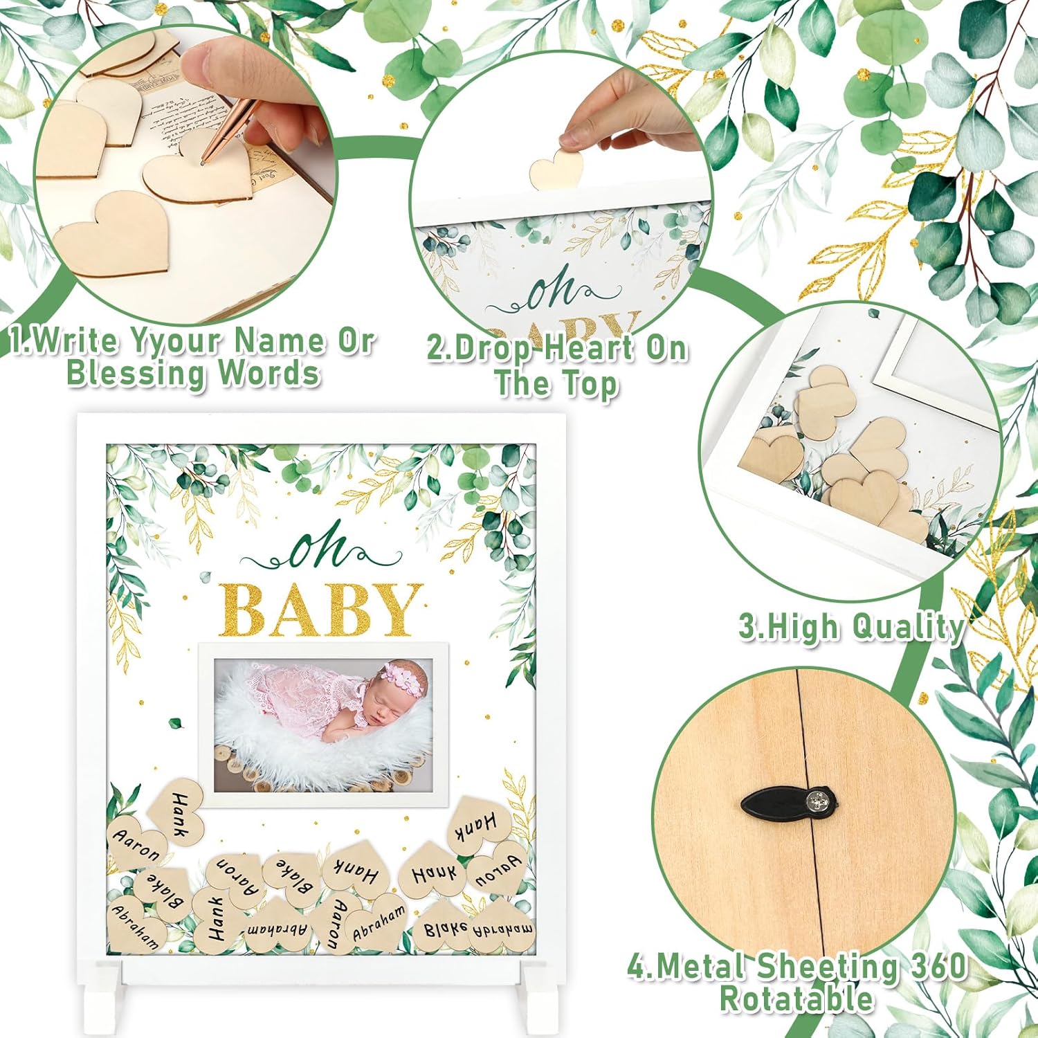66 piezas Greenery Baby Shower Libro de Invitadas Alternativo de Eucalipto Baby Shower Libro de Visitas Libro de Visitas Oh Baby Marco de 60 Piezas