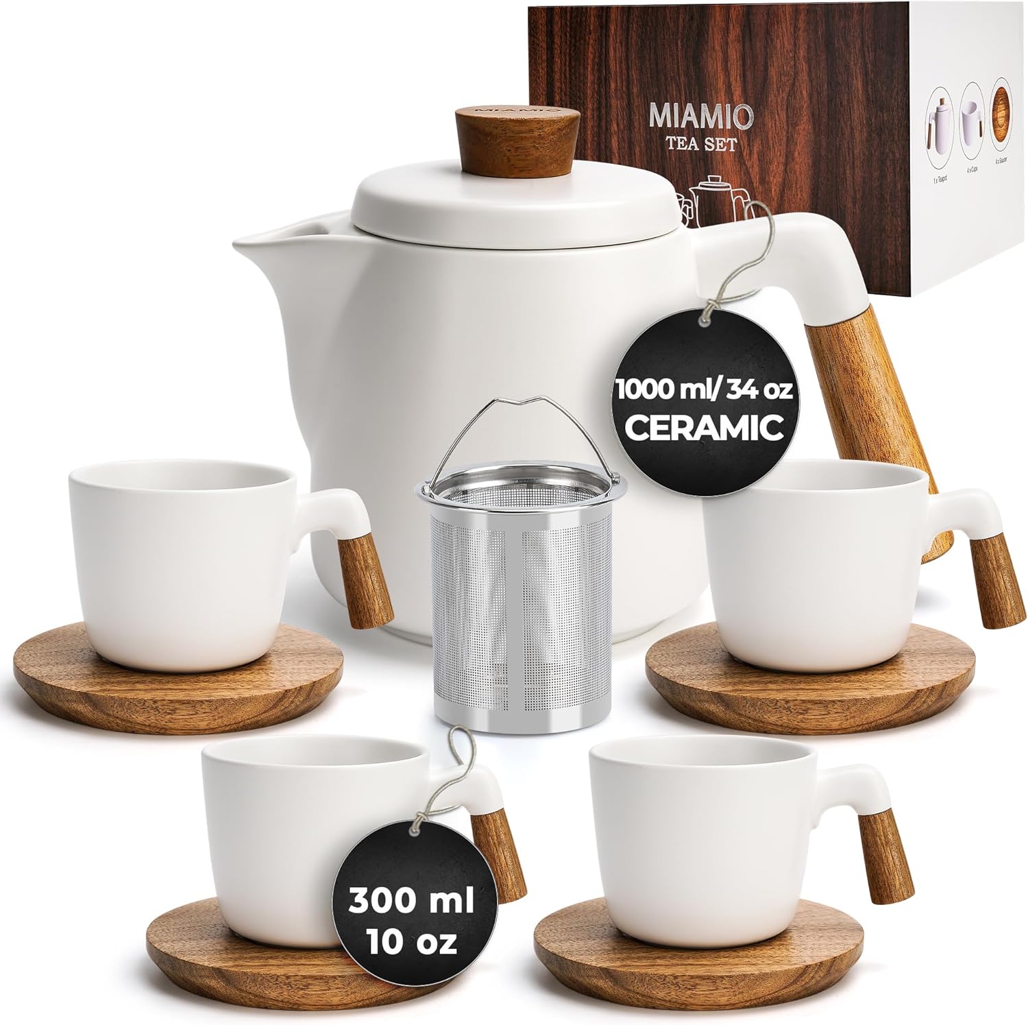 MIAMIO Juego de tetera de cerámica de 34 onzas con infusor y tazascolador de té, 4 tazas de té de cerámica (10 onzas), platillos de bambúmango para