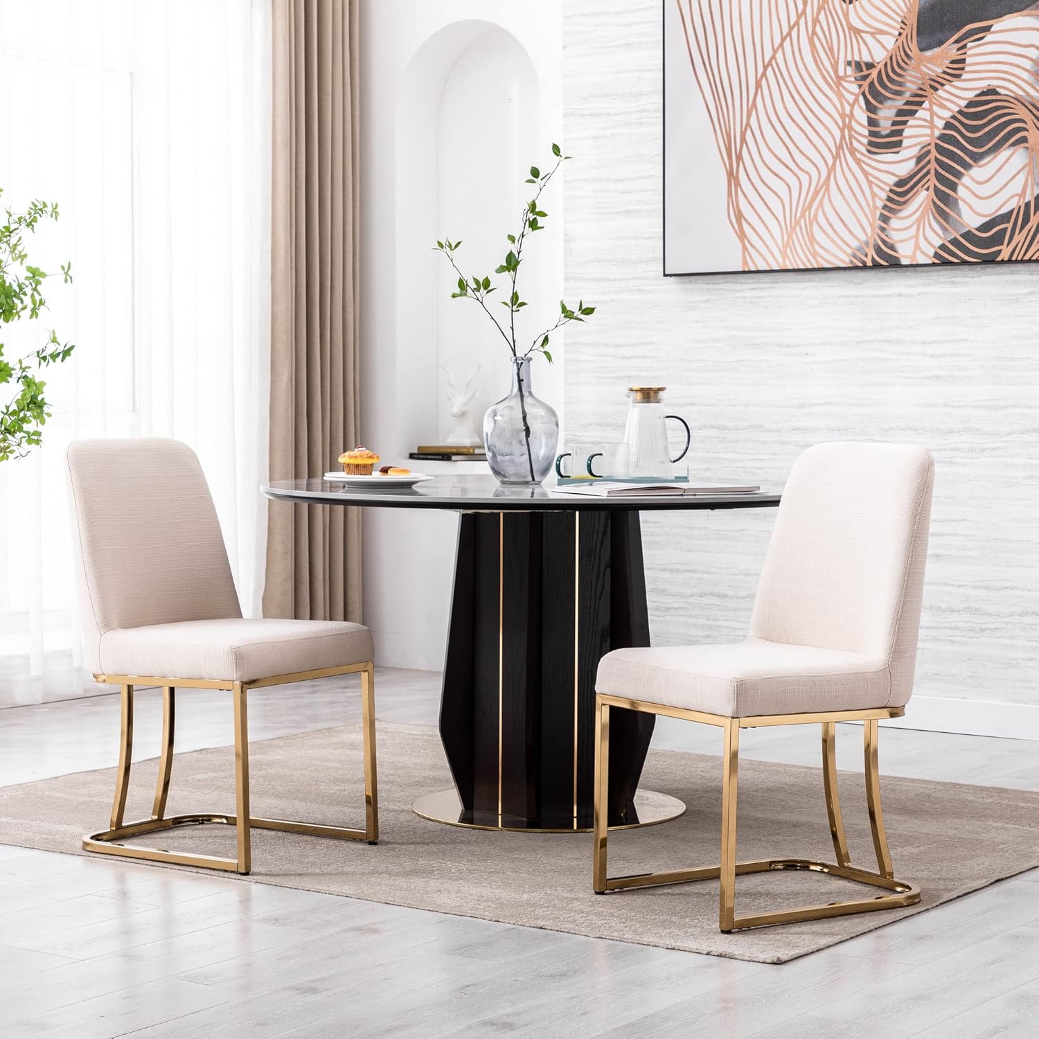 Wahson Juego de 2 sillas de comedor tapizadas de lino, silla clásica de tela moderna para comedor, con marco de metal dorado, beige